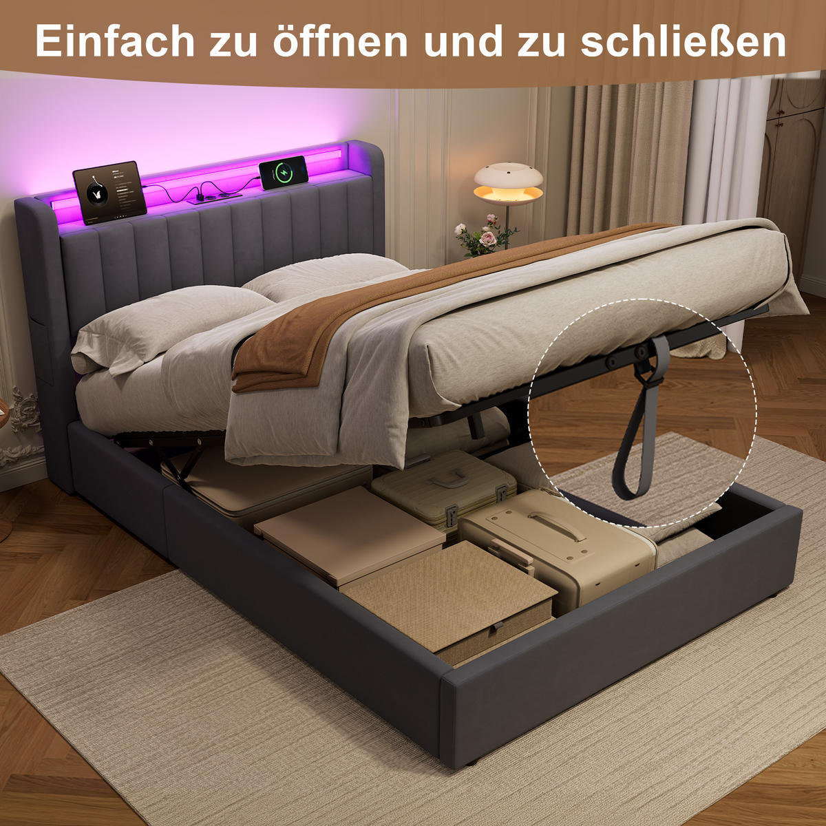 POLSTERBETT 140/190 cm in Dunkelgrau Samt mit Bettkasten und gepolstertes Kopfteil - Dunkelgrau, Holzwerkstoff/Textil (140/190cm) - CHICFURN