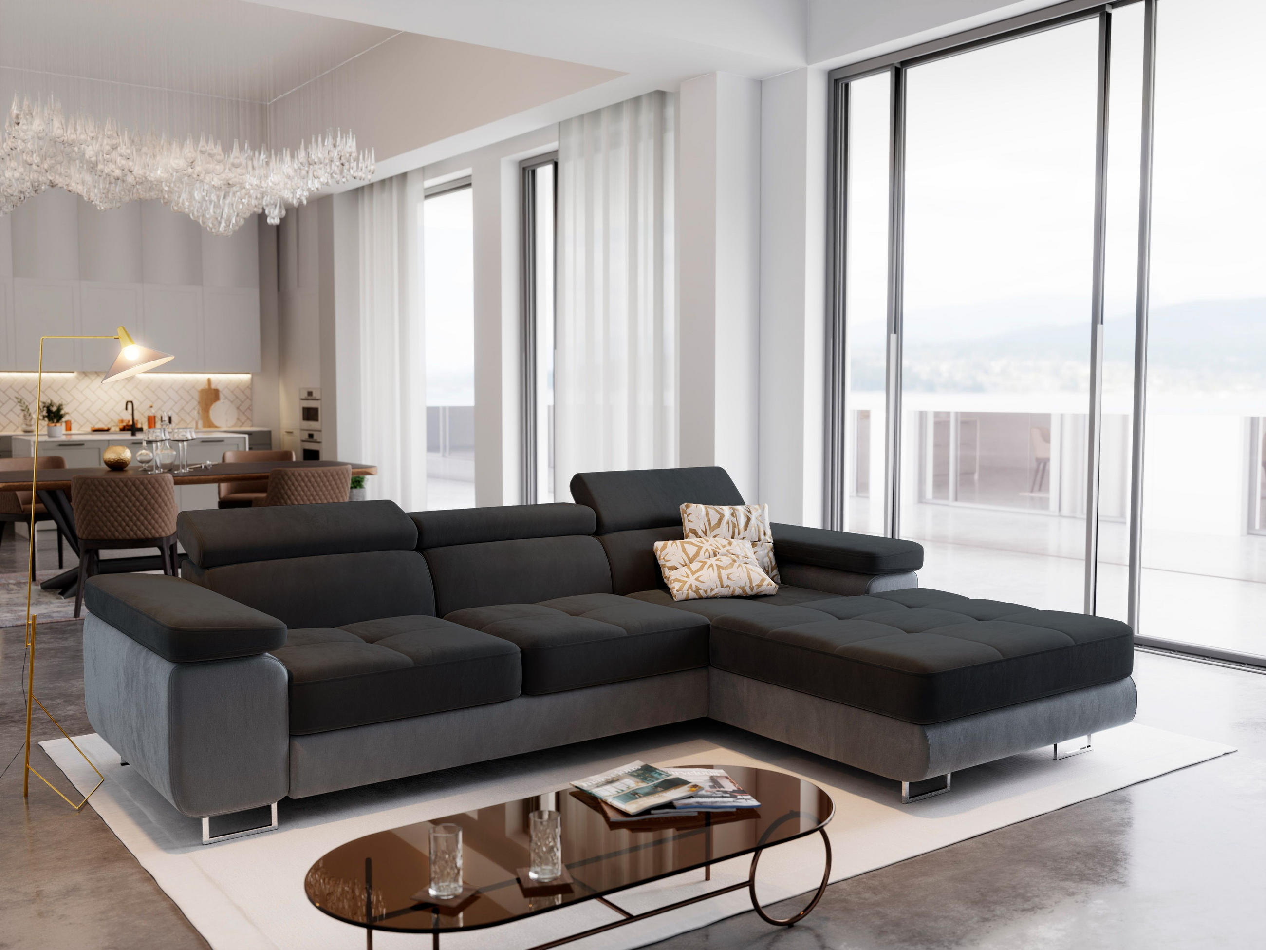 ECKSOFA ELMA R-S Schwarz Velours-Stoff mit Schlaffunktion - Schwarz, Holz (280/205cm) - MASSENO