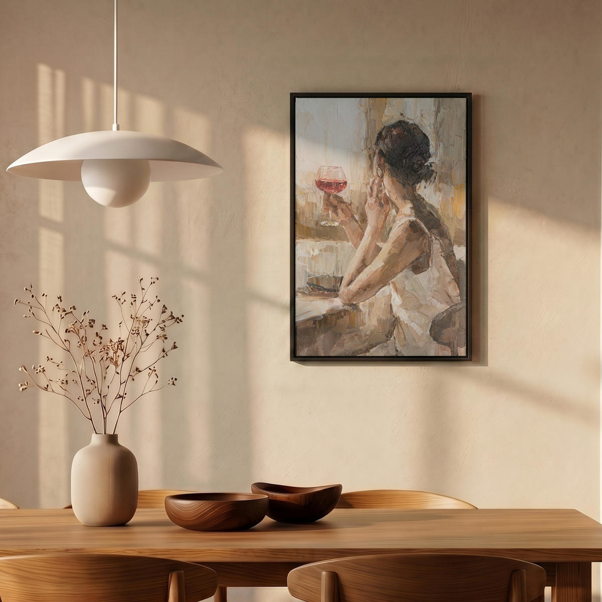 LEINWAND Bilder mit Rahmen - Ölgemälde - Frau - Wein - 40x60 - Hellbraun, Textil (40/60cm) - MuchoWow