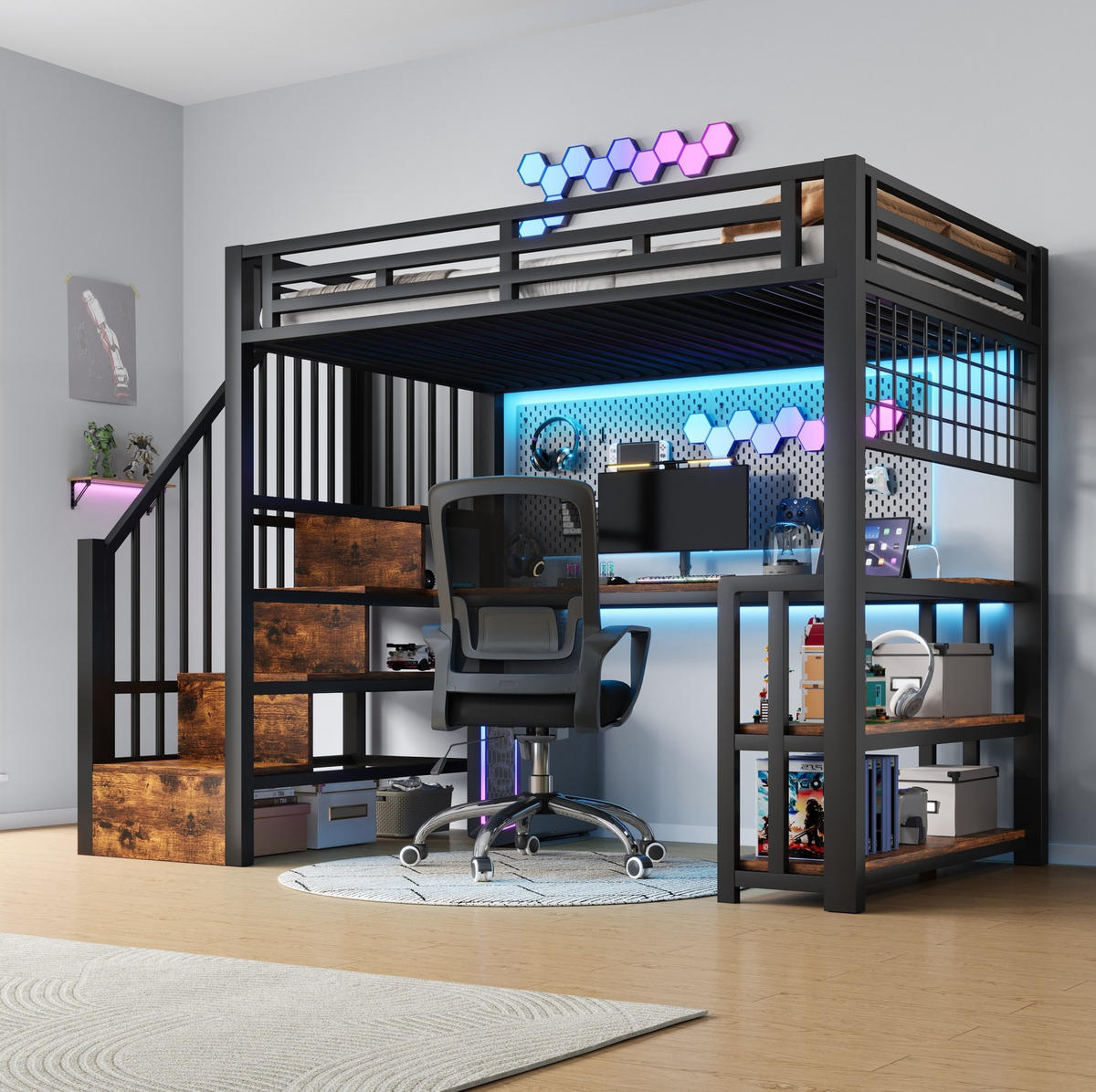 HOCHBETT 90/200 cm in Schwarz mit Schreibtisch, LED-Beleuchtung und Stauraum - Schwarz, Metall (90/200cm) - Flora Grace