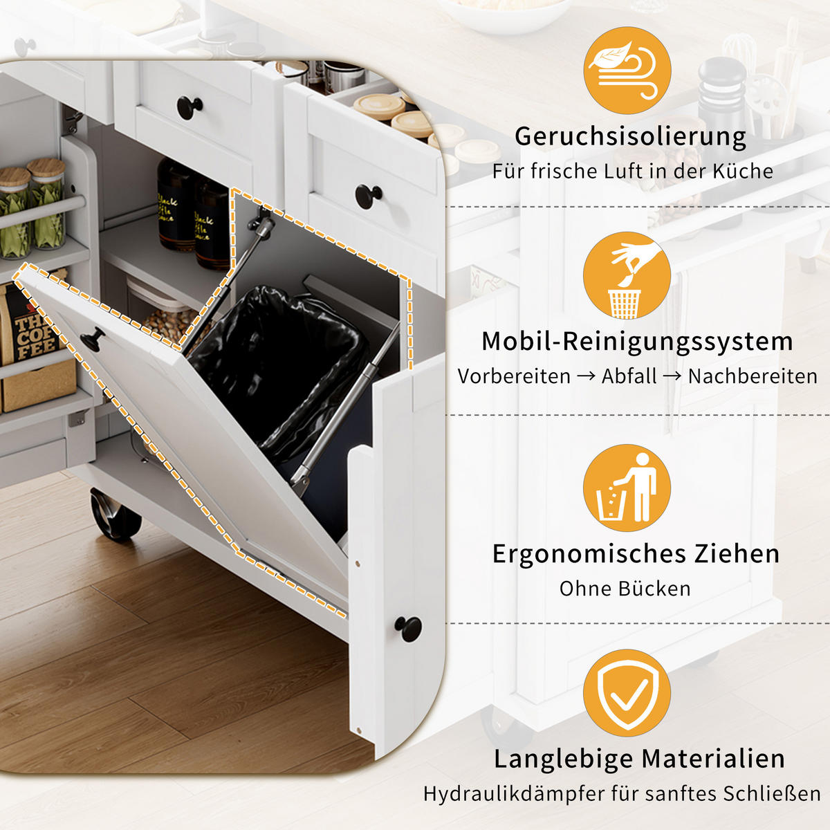 KÜCHENINSEL 112/46,2-76,2/92,7 cm Weiß mit Ausziehbarer Arbeitsplatte, Mülleimerfach und 2 Schubladen - Weiß, Holz/Holzwerkstoff (131.2/92.7/46.2cm) - Oxeza