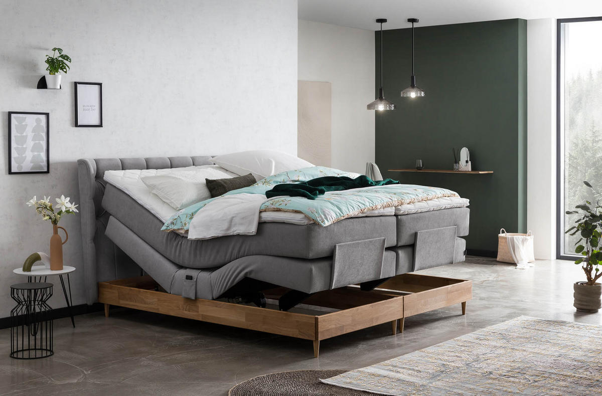 BOXSPRINGBETT ELEKTRISCH VERSTELLBAR EON 180x200 Hellgrau H2 und H3 Bett mit Motor 7-Zonen TFK Matratze inkl. Visco Topper Motorbett mit Eiche - Hellgrau, Textil (180/200cm) - Belanoti
