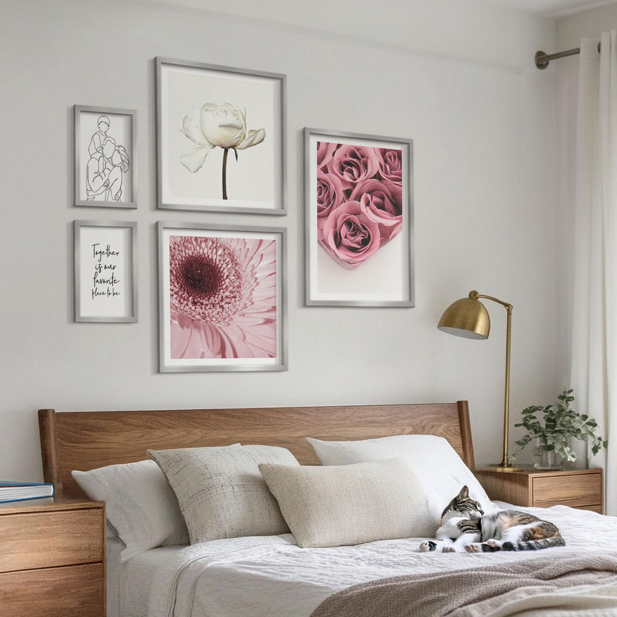 WANDBILDER 5er Set - 50x50 cm & 20x30 cm & 40x60 cm Silberner Rahmen - Rosensträuße als Familienzeichnung - Silberfarben, Kunststoff (40/60cm) - ArtPrintCave