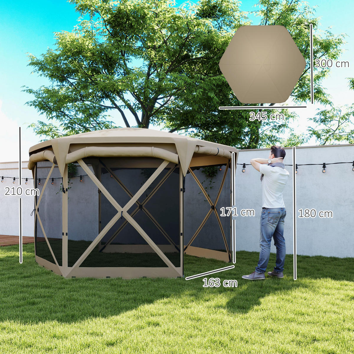 PAVILLON sechseckig ca. 3,5x 3 m - Beige, Kunststoff (300/210/345cm) - Outsunny