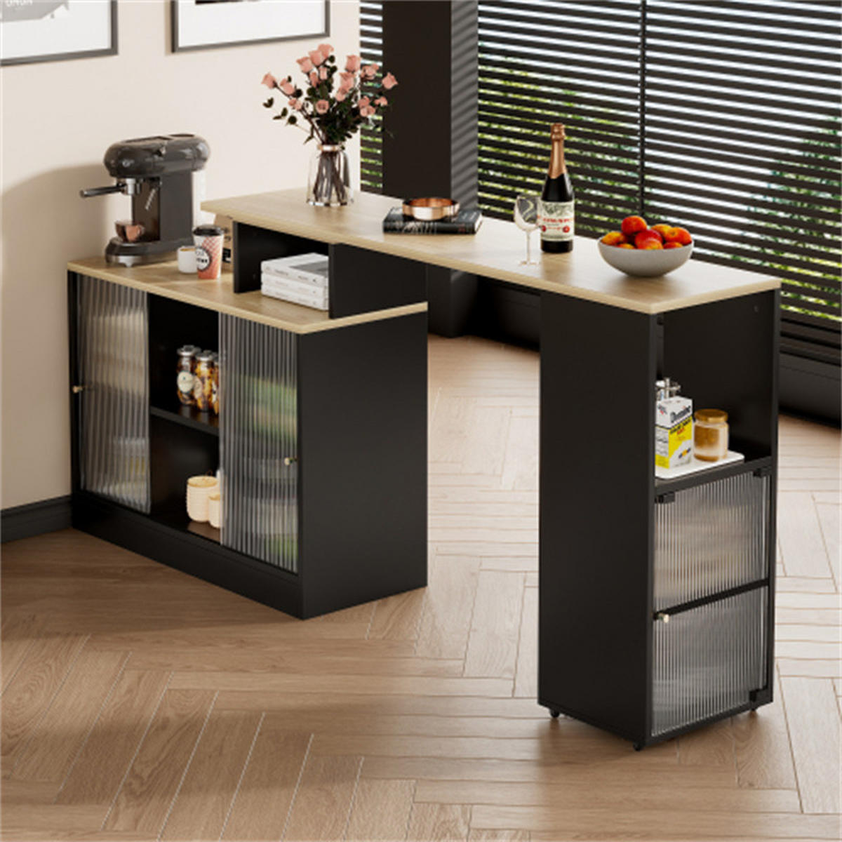 KÜCHENINSEL / Ausziehbarer Bartisch mit Stauraum, drehbar, modern, schwarz, 155×40×90 cm - Schwarz, Holzwerkstoff (155/90/40cm) - Nobilia
