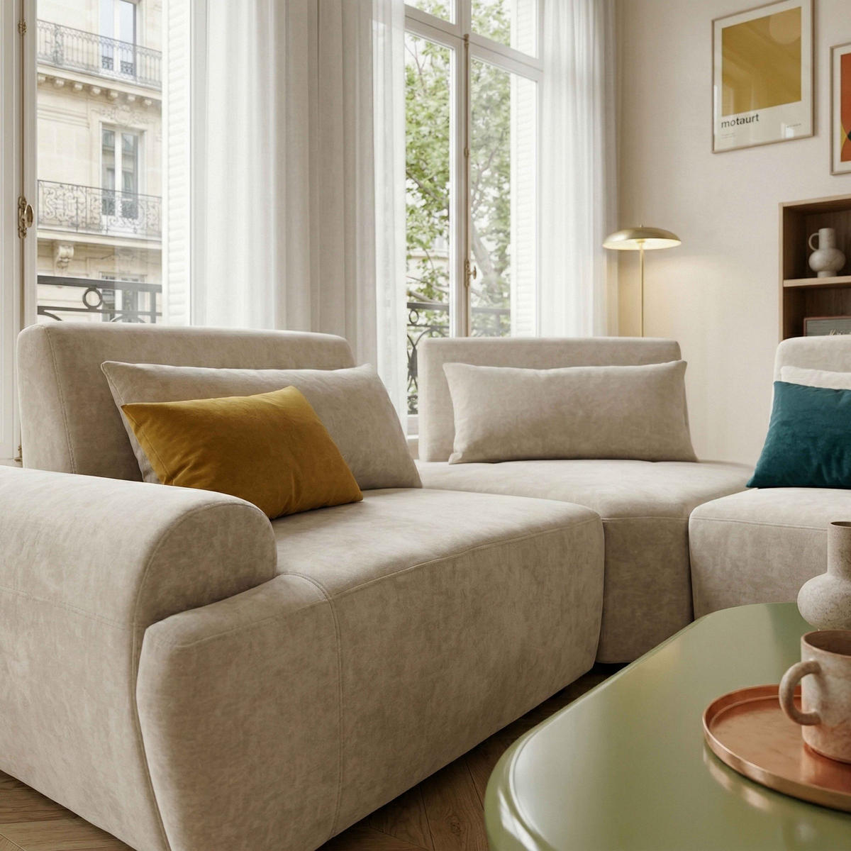 ECKSOFA 3-Sitzer, Ekru - Weiß, Textil (231/231cm) - Oviala