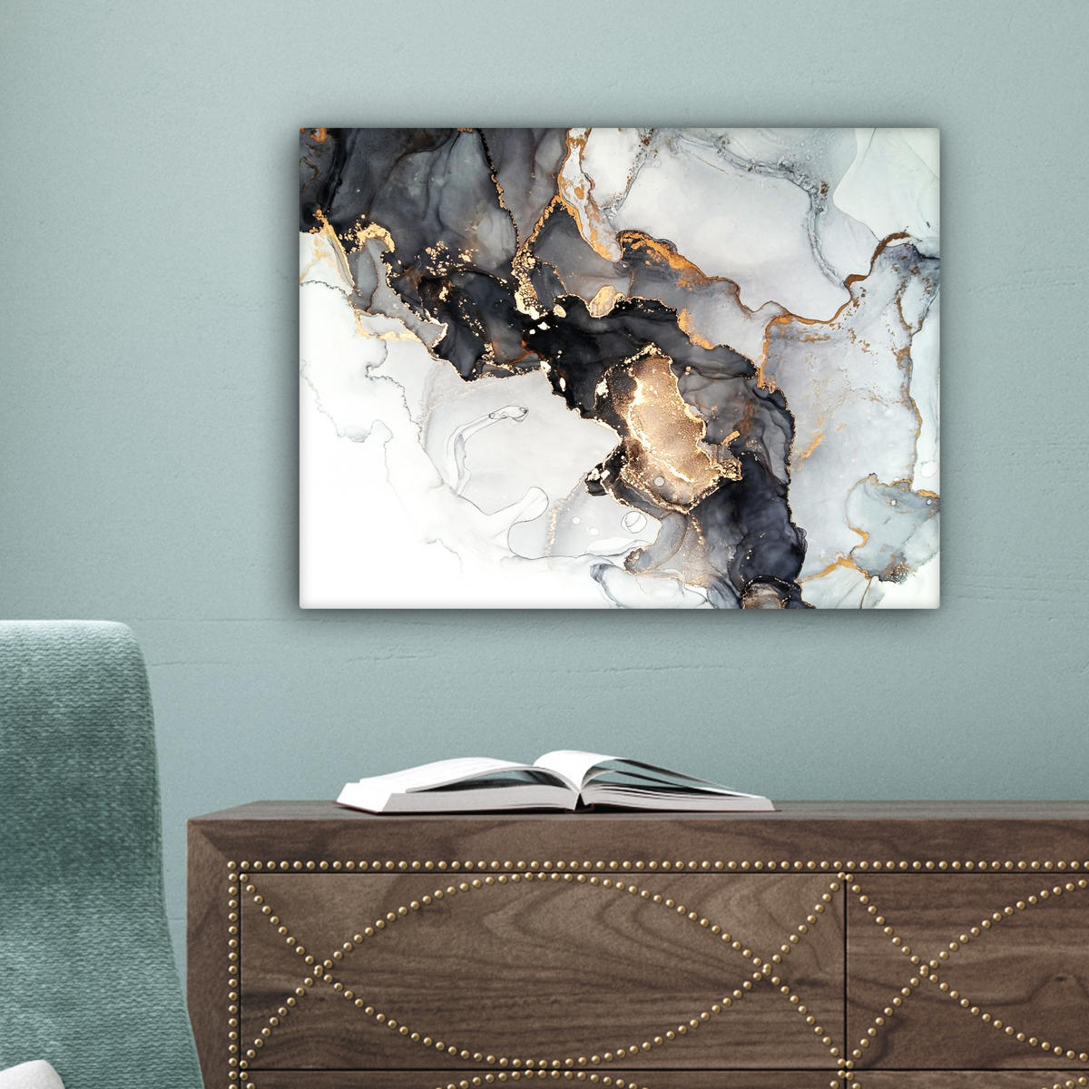 LEINWANDBILD Marmor - Schwarz - Weiß - Gold - Luxus - Abstrakt Wandbild 40x30 cm - Goldfarben, Textil (40/30cm) - MuchoWow