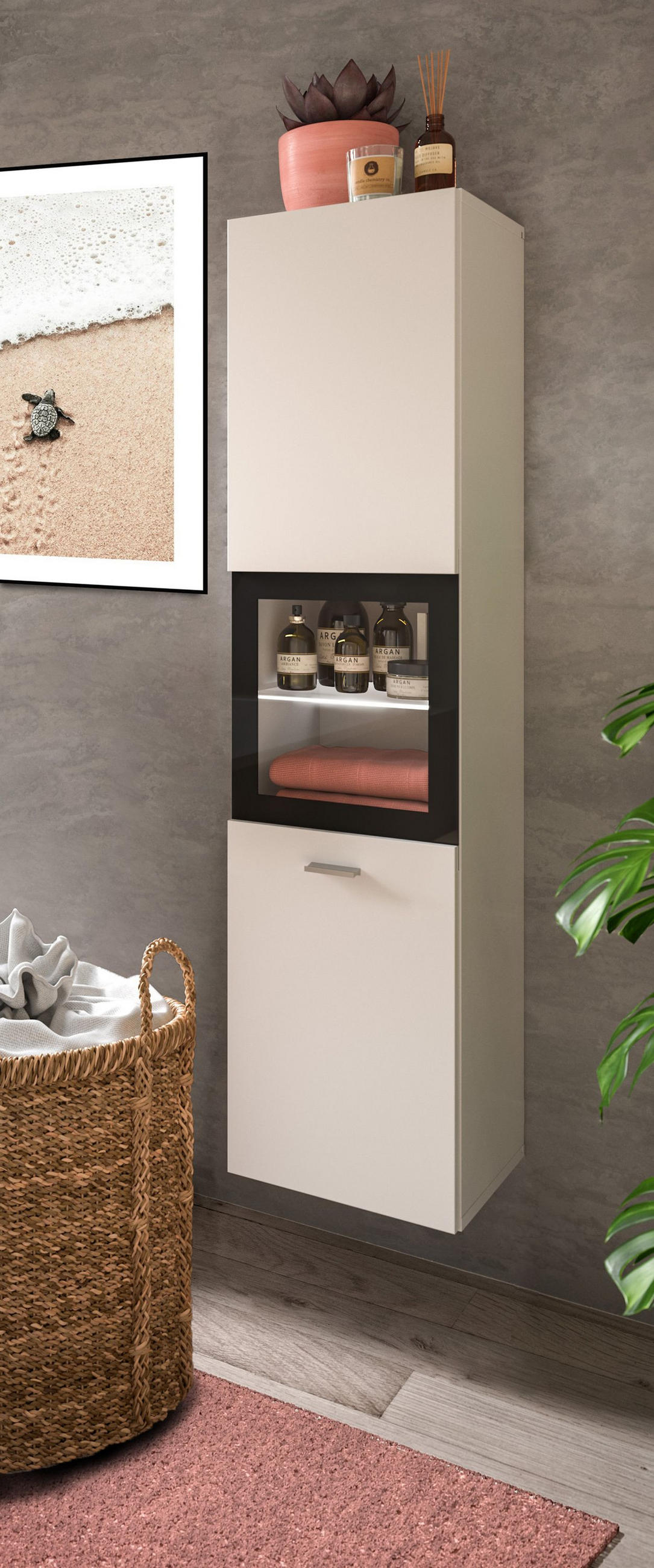 BADSCHRANK Boston/Tampa Bad in weiß Nachbildung und schwarz - modernes Design - B/H/T: 30x125x29 cm - Weiß, Holzwerkstoff (30/125/29cm)