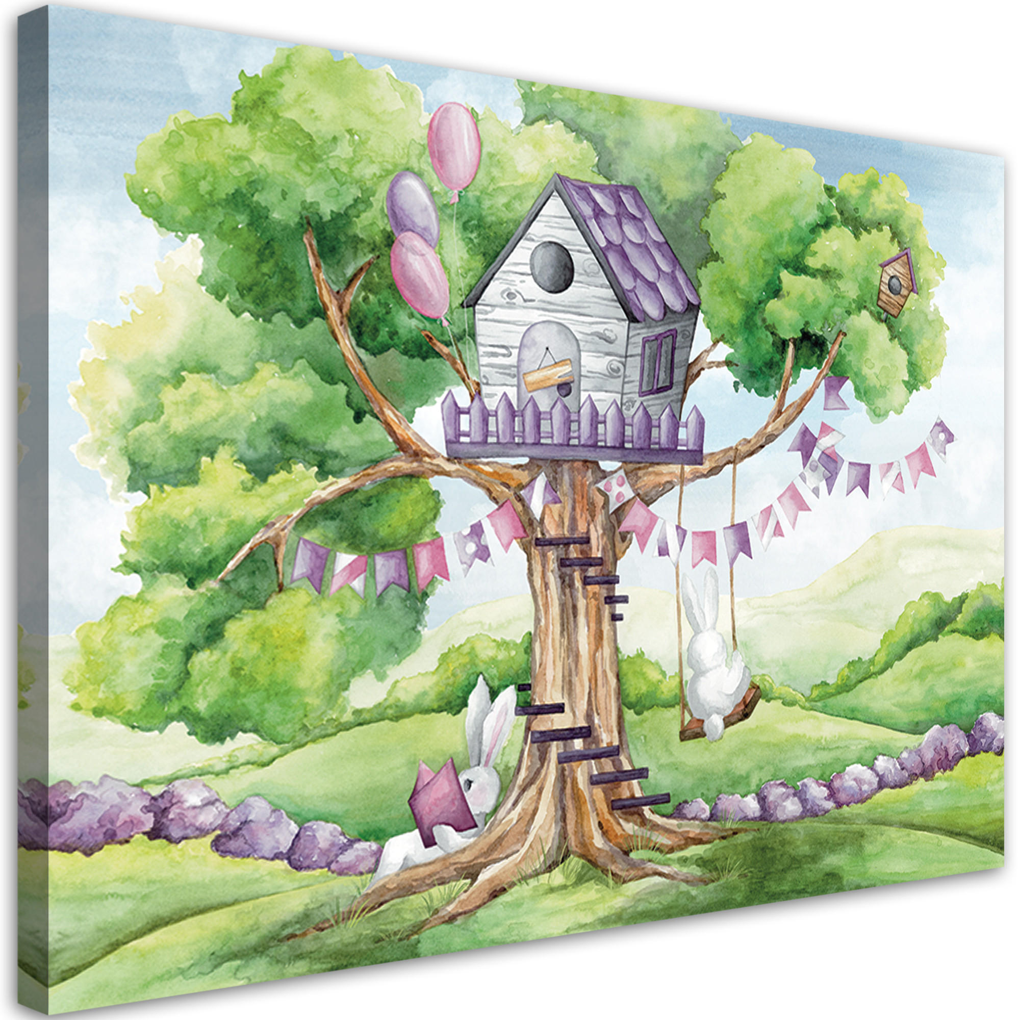 WANDBILD weiße kaninchen hütte auf dem baum - Blau, Textil (60/40cm) - Feeby