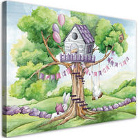 WANDBILD weiße kaninchen hütte auf dem baum - Blau, Textil (60/40cm) - Feeby