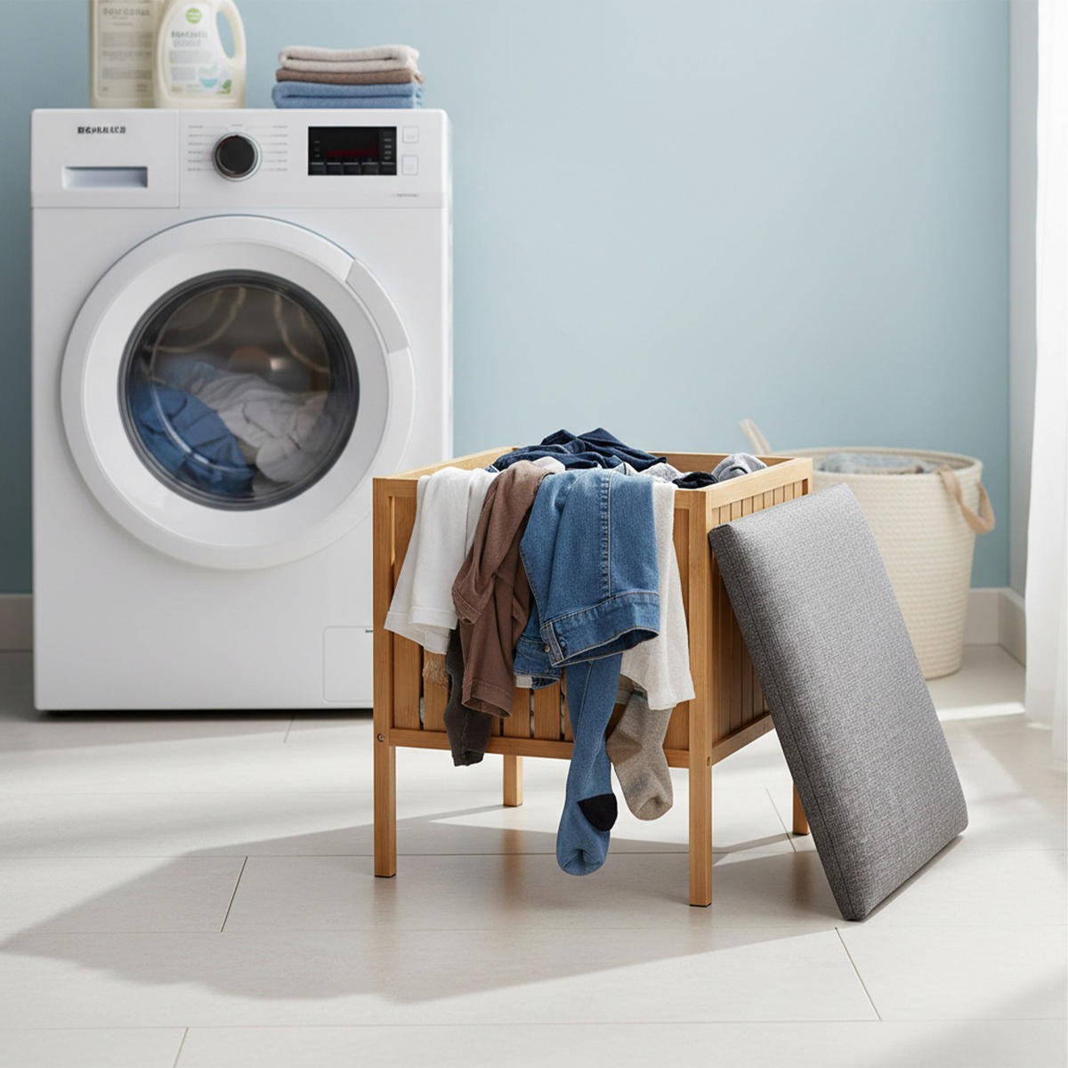 KOŠ prádla - šedá/světle hnědá, dřevo/textil (39/52/39cm) - Relaxdays