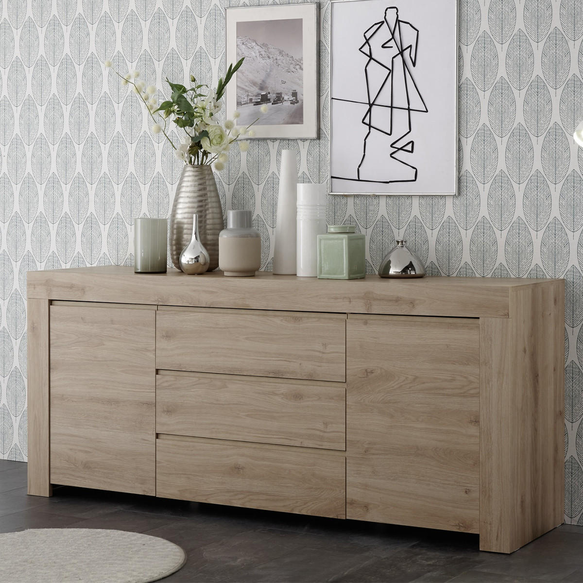 SIDEBOARD mit 2 Türen und 3 Schubladen L184 cm - Firenze - Eichefarben, Holzwerkstoff (184/81/42cm) - Calicosy