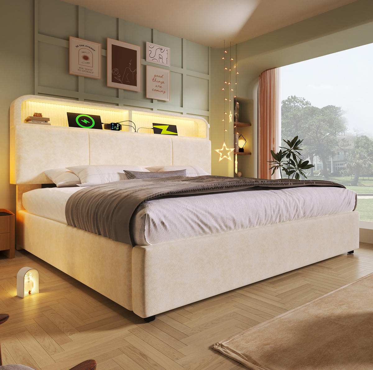 POLSTERBETT aus Samt 140x200 cm in Beige mit LED & USB-C Ladestation - Beige, Textil (140/200cm) - Modfu