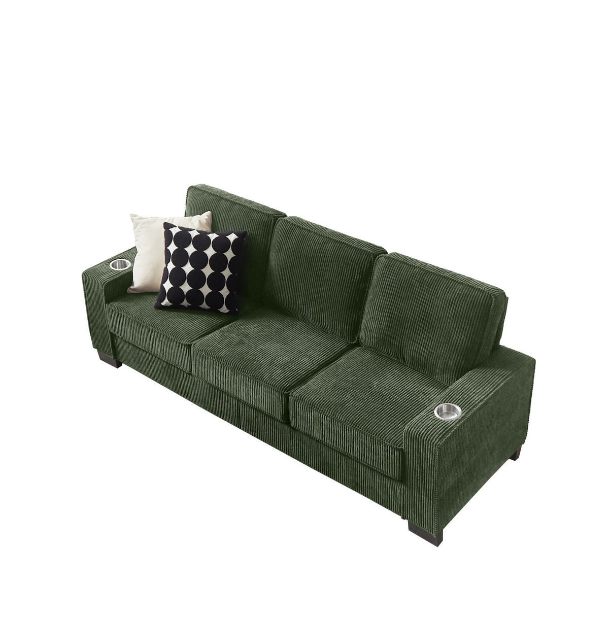 SOFA 3-Sitzer mit Getränkehaltern Cord Grün 206 cm - Grün, Holzwerkstoff (206/86/76cm) - Meubliv