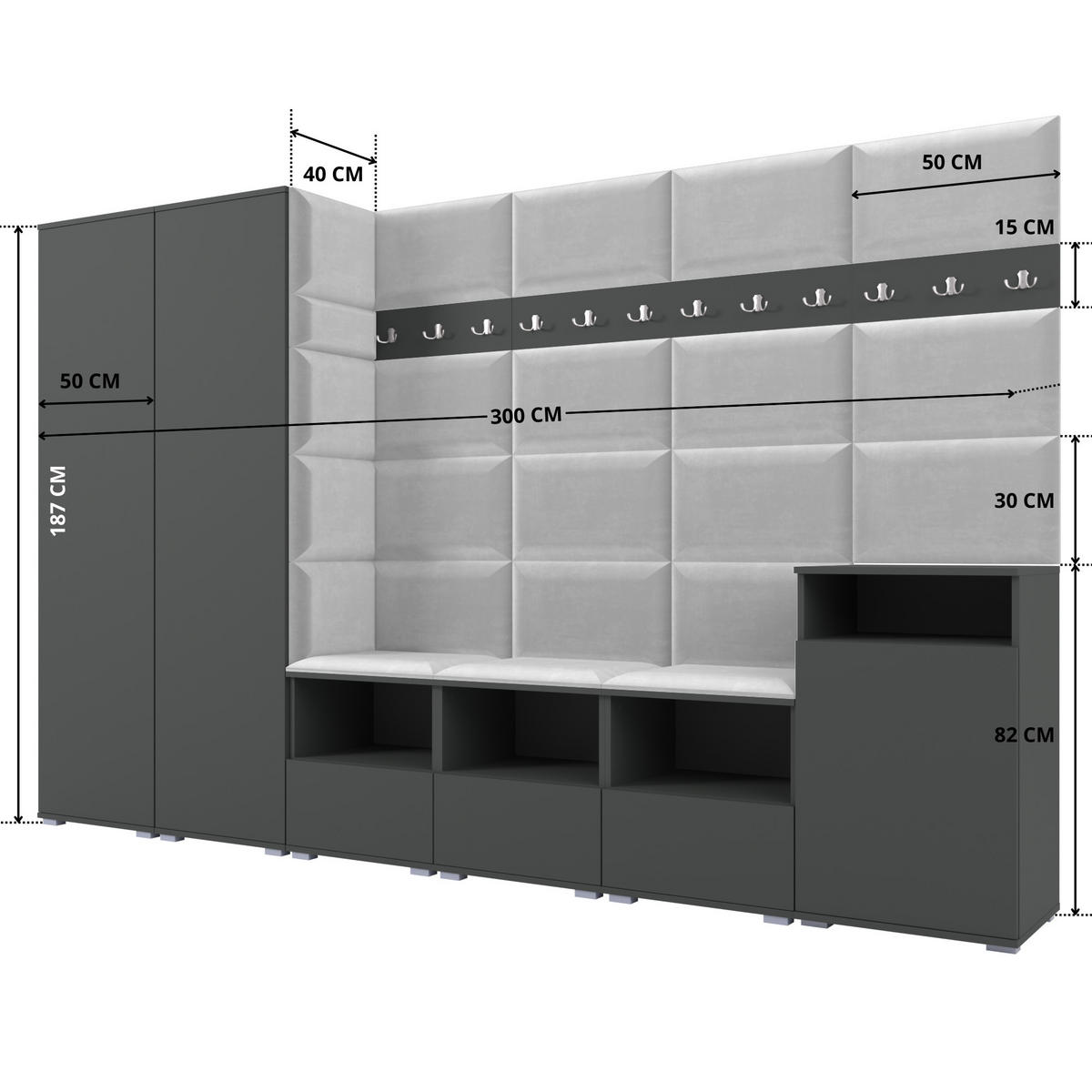 GARDEROBE NELA XII 300 cm (Modulare Flurmöbel Graphit mit Sitzpolster Hellgrau 32 Gigantisches Set) - Silberfarben/Hellgrau, Holz/Holzwerkstoff (300/187/40cm) - Ravio