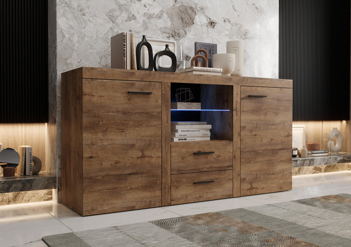 KOMMODE London LRK mit 2 Türen, Sideboard in Farbe: Braun, Größe: 156 x 82 x 40 cm - Braun, Holzwerkstoff (156/82/40cm) - O-Sofa