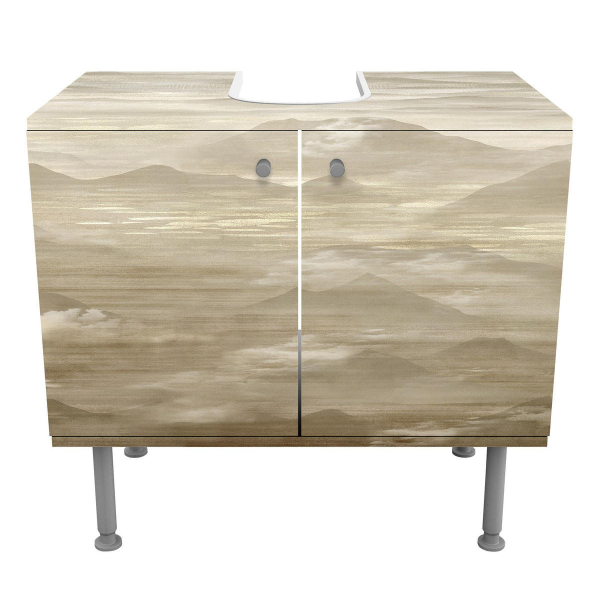 WASCHBECKENUNTERSCHRANK Bergkette im Wolkendach 60/55/35 cm - Beige, Holzwerkstoff (60/55/35cm) - Bilderwelten