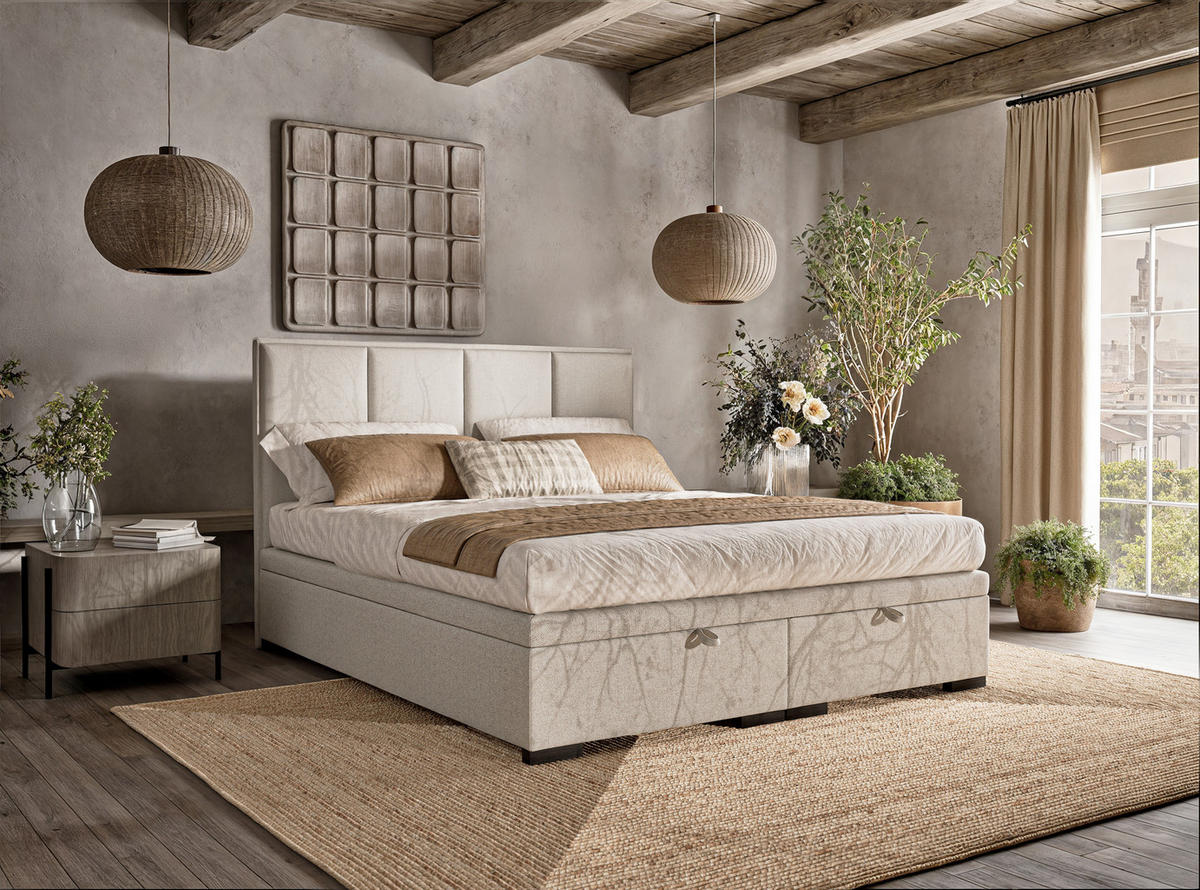 POLSTERBETT Fogo 180/200 cm, in Ecru, Bettkasten, gepolstertes Kopfteil - Ecru/Schwarz, Holz/Holzwerkstoff (180/200cm) - Maison de Reve