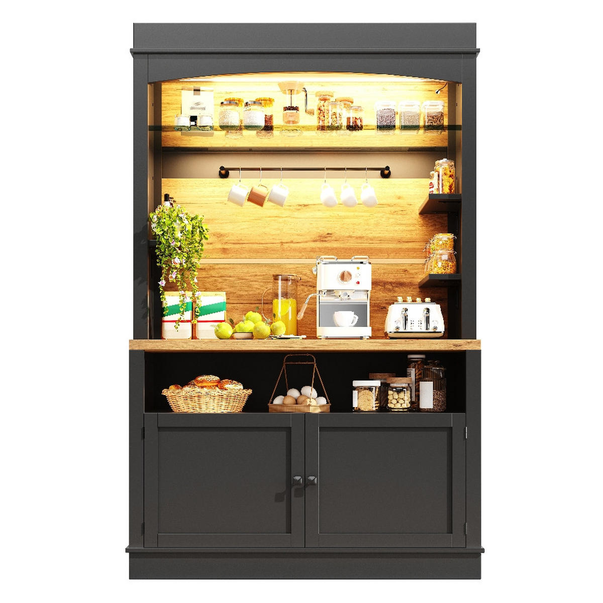 KÜCHENSCHRANK MIT LED-BELEUCHTUNG, Anrichte, MDF, Schwarz, 107/184/43 cm - Schwarz, Kunststoff (47/104/184cm) - Rolipo