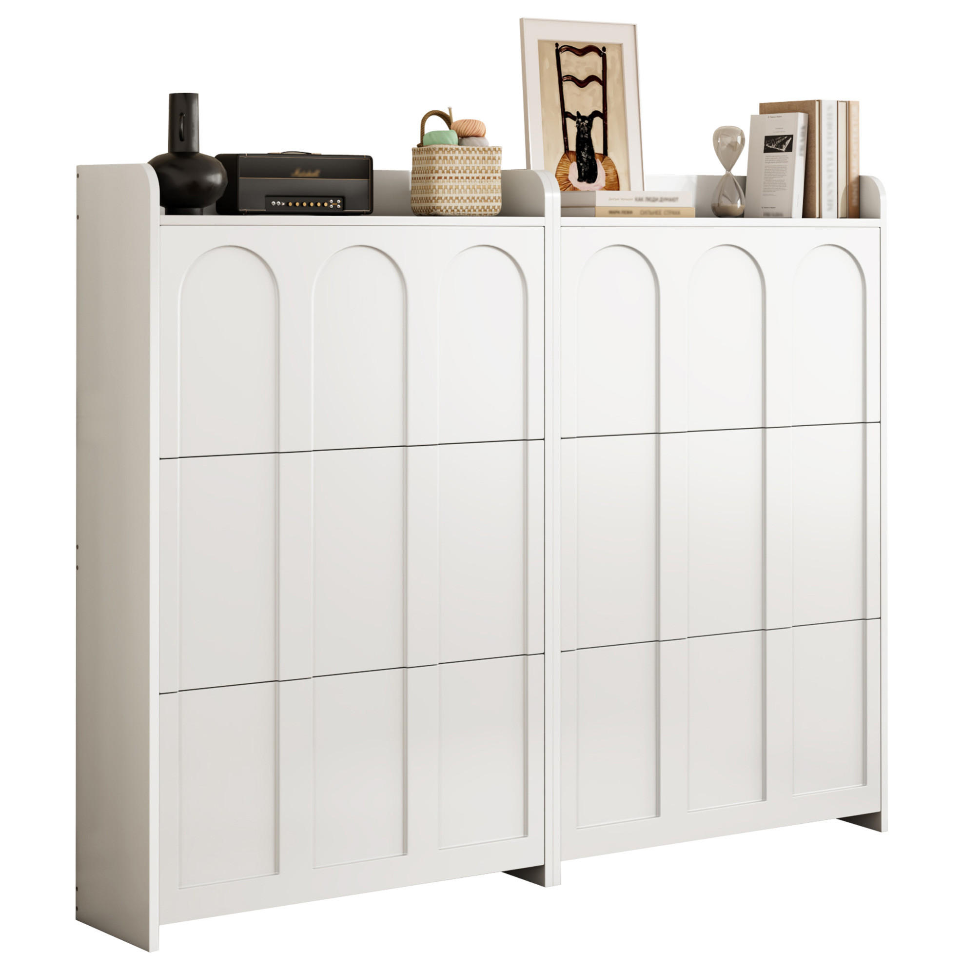 Modfu BOTNÍK z MDF 140x25x120 cm bílý se 6 výklopnými dvířky a zásuvkou, 12 přihrádek