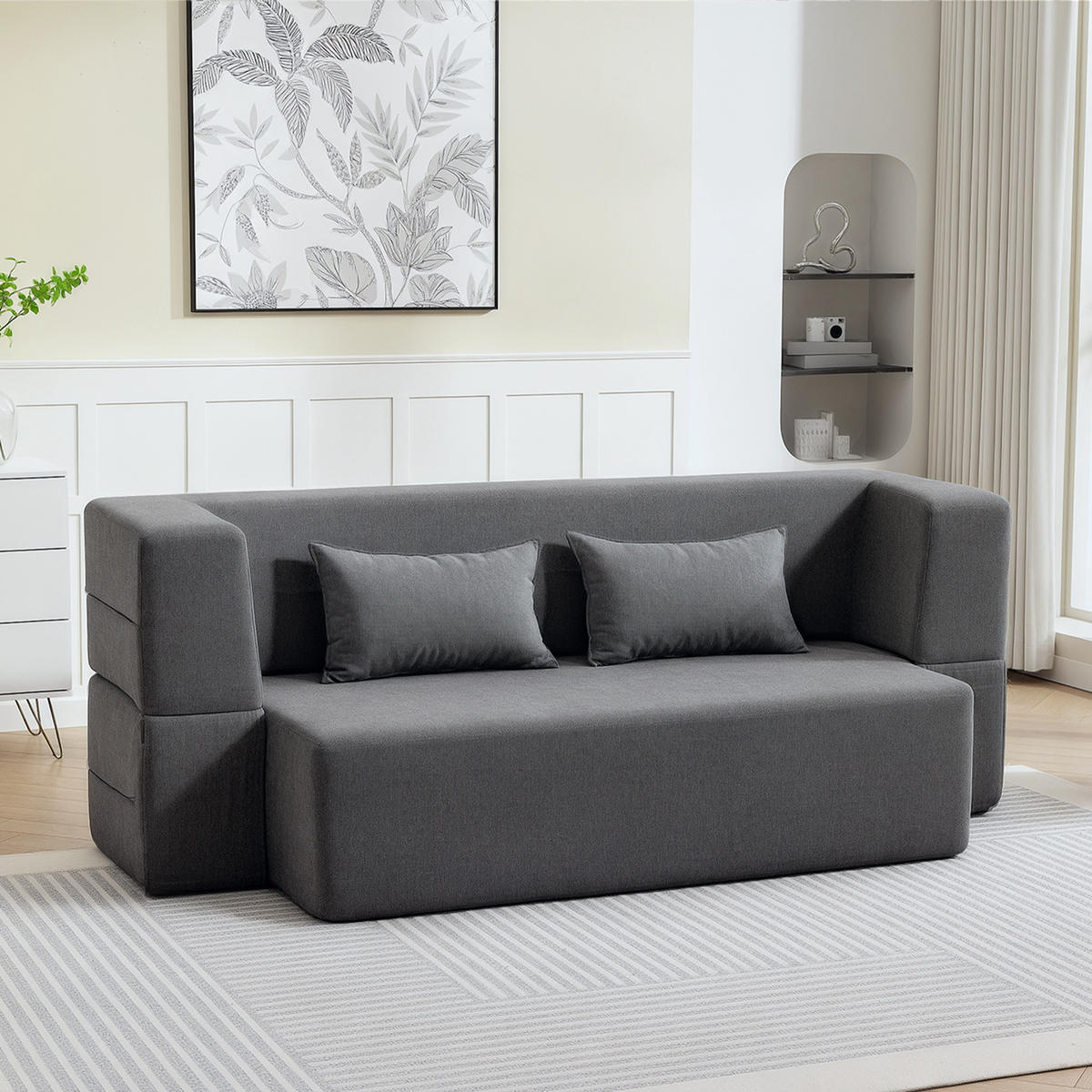 2-SITZER-SCHLAFSOFA aus Schaumstoff mit breiten Armlehnen, 2 Kissen, Grau - Grau, Textil (95/75/203cm) - HOMCOM