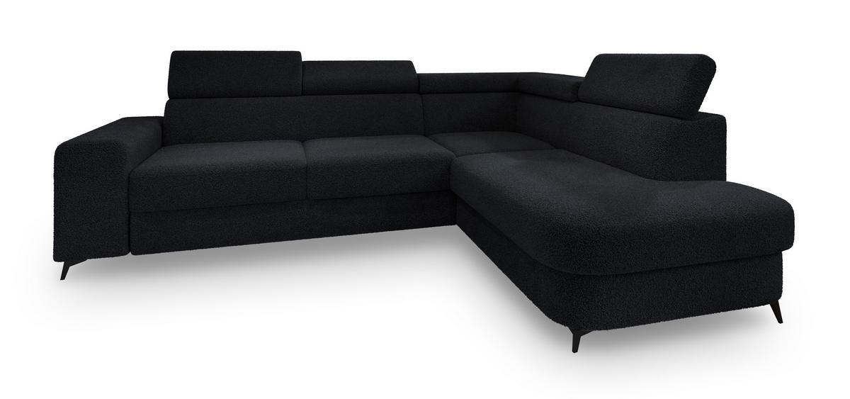 ECKSOFA ALVORO R-S Schwarz Boucle-Stoff mit Schlaffunktion - Schwarz, Holz (253/190cm) - MASSENO