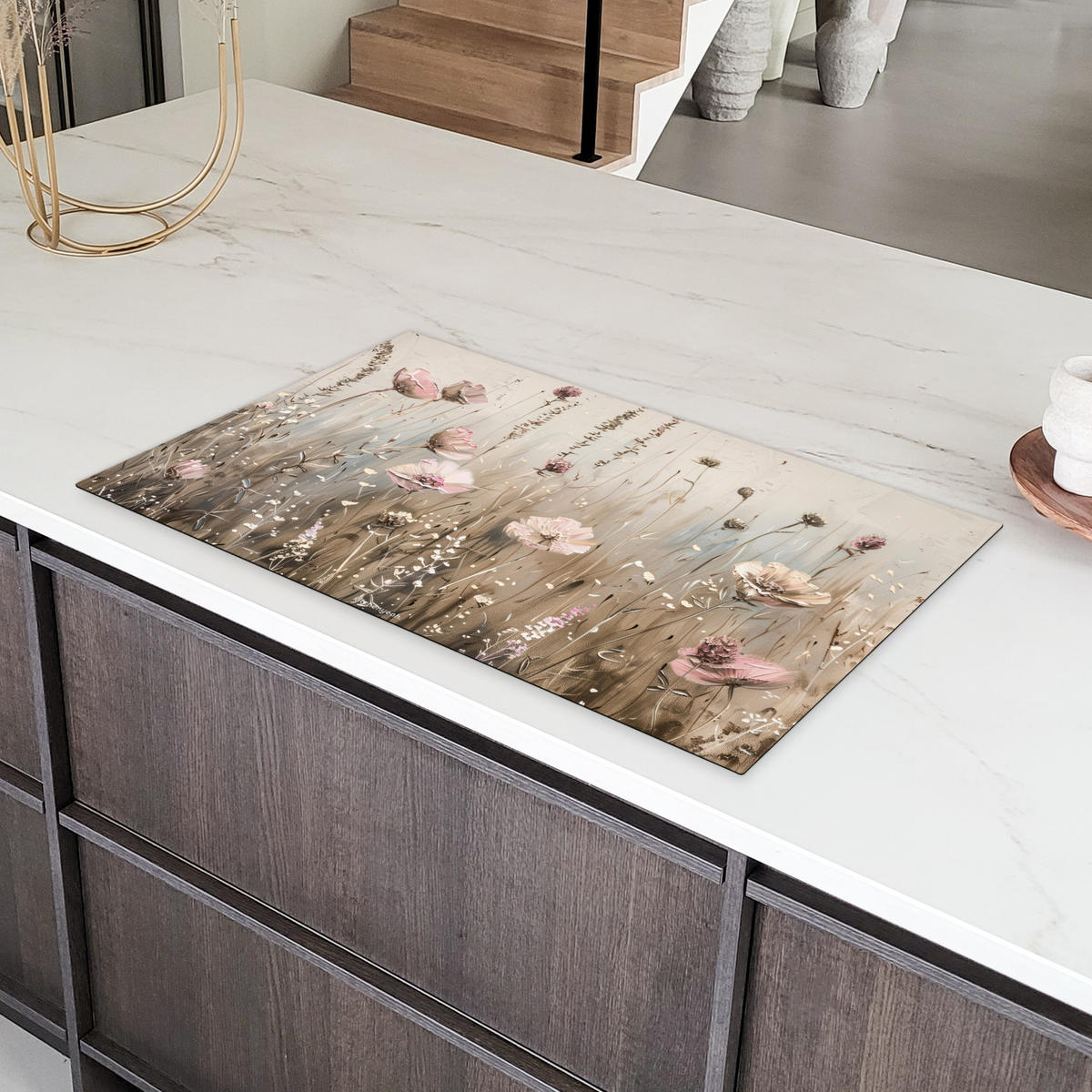 HERDABDECKPLATTE Blumen - Beige - Trockenblumen Induktionsschutz 91.2x52 cm - Beige, Kunststoff (91.2/52/0.2cm) - MuchoWow