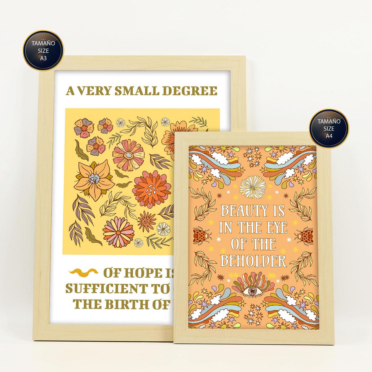 POSTER Set Mit 6 Drucken Der Selbstversorgung In Der Brillanten Groovy Dekorative Rahmen Für Ihr Zuhause Wandkunstdruck A3 & A4 Rahmen Aus Hellem Holz - Beige, Papier (29/3cm) - Nacnic