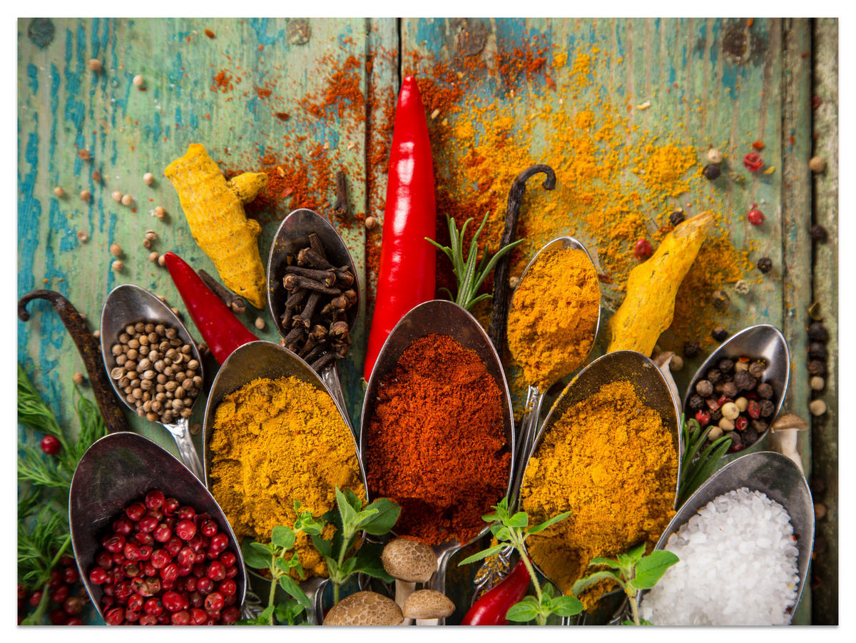 FOTOTAPETE für Küche Gewürze Holz Rustikal Paprika Ingwer 150x105 - Türkis/Blau, Papier (150/105cm) - Muralo