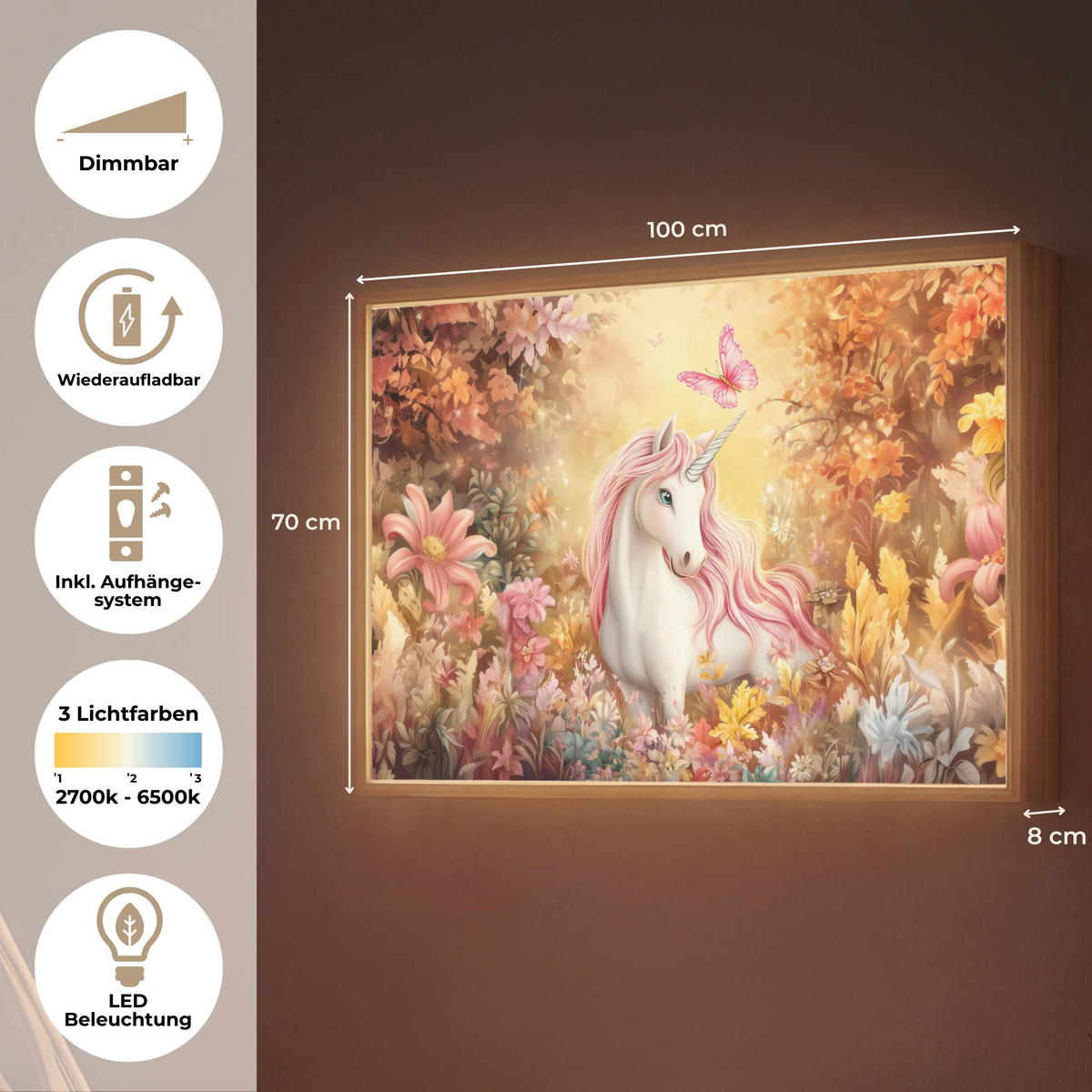 DOBÍJECÍ NOČNÍ LAMPIČKA Jednorožec - Květiny - Motýl - Růžová 100x70 cm - béžová, kompozitní dřevo (8/100/70cm) - OnlyWow
