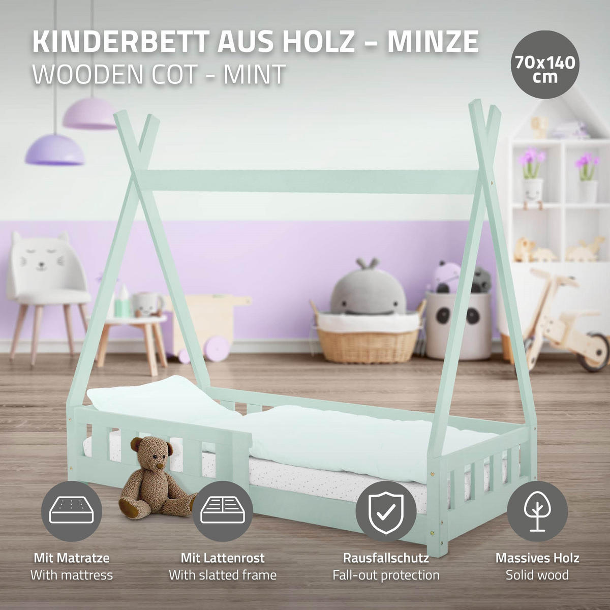 KINDERBETT Tipi mit Matratze 70x140 cm Mint - Mintgrün, Holz (70/140cm) - ML-DESIGN