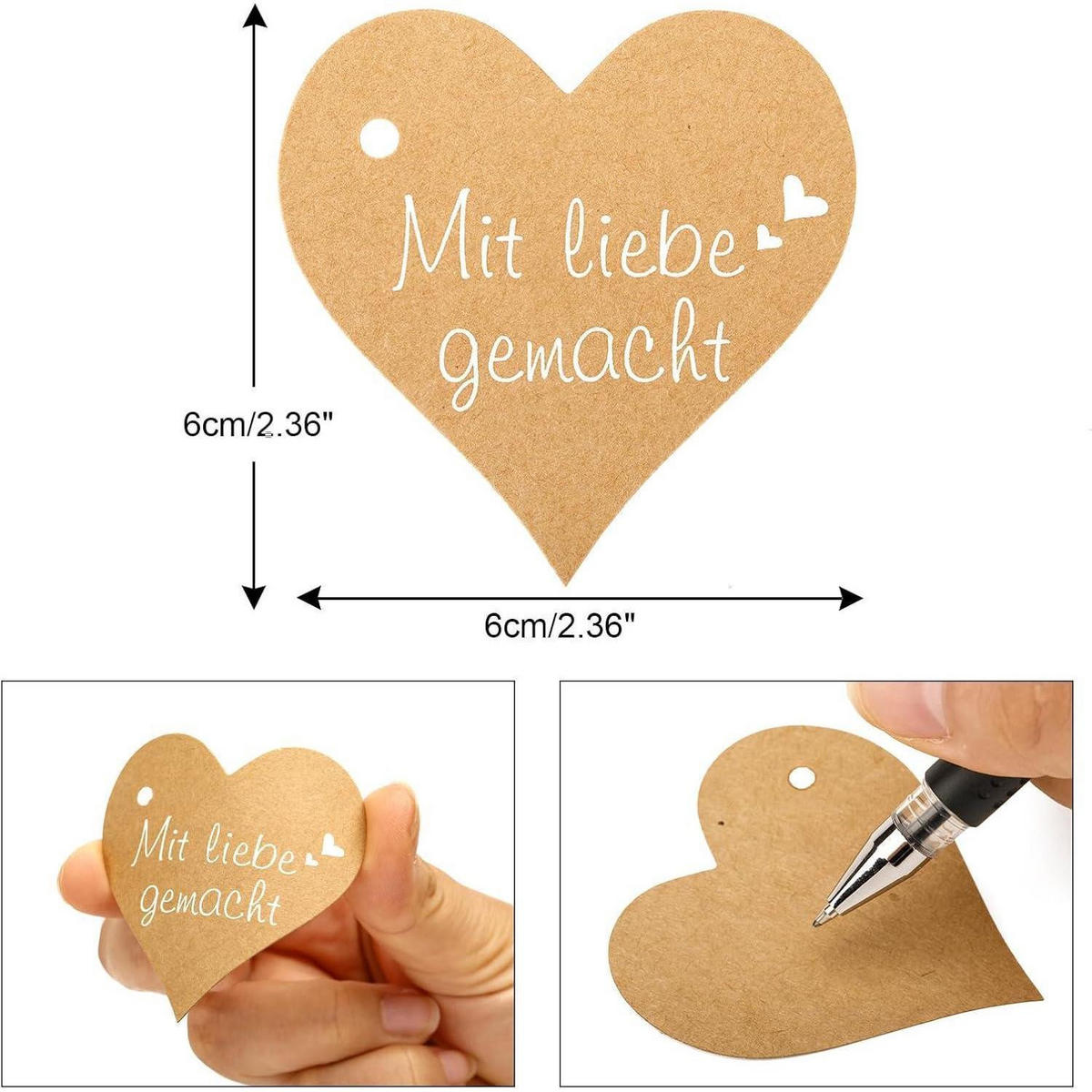 GESCHENKANHÄNGER Herz 100 Stück mit Juteschnur 6 cm - Braun, Papier (6/1/6cm)