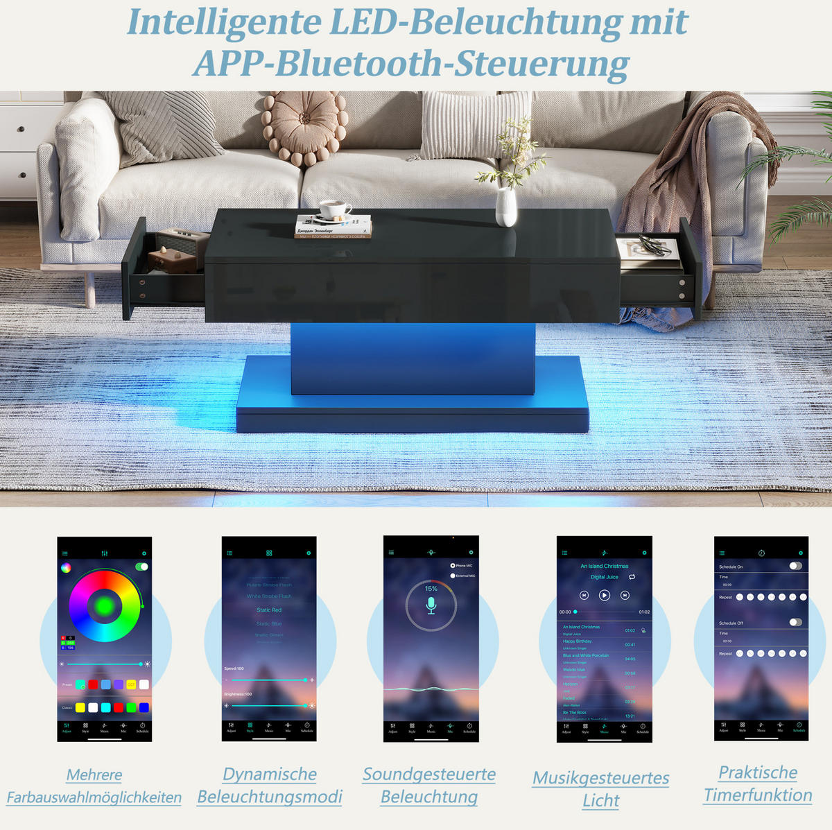 COUCHTISCH 100/50/45 cm Schwarz aus Spanplatte mit 2 Schubladen und LED-Lichtstreifen - Schwarz, Holzwerkstoff (100/50/45cm) - OKMYHOME