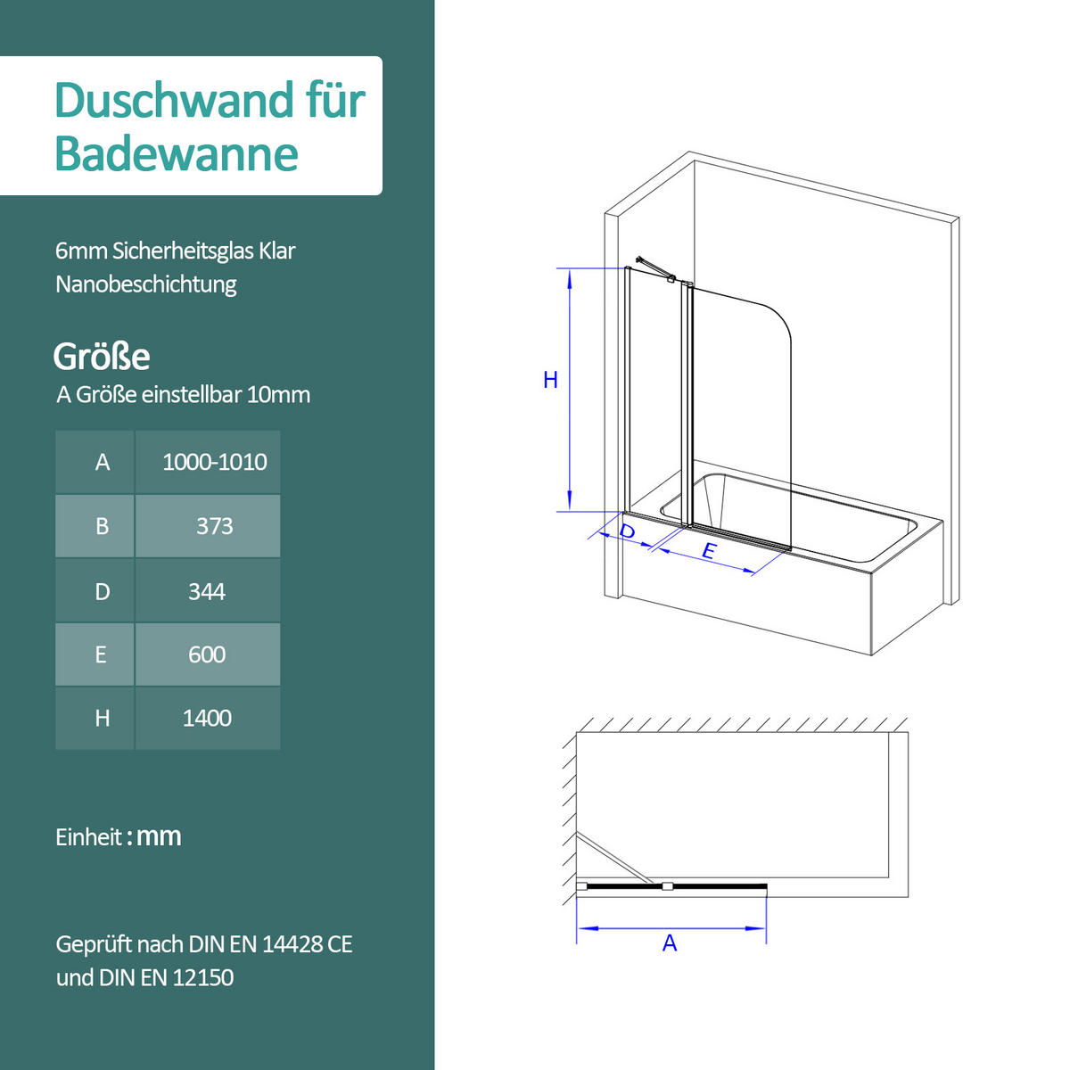 DUSCHWAND für Badewannen mit Schwenkfunktion 140/100 cm - Transparent, Glas (100/140cm) - EMKE