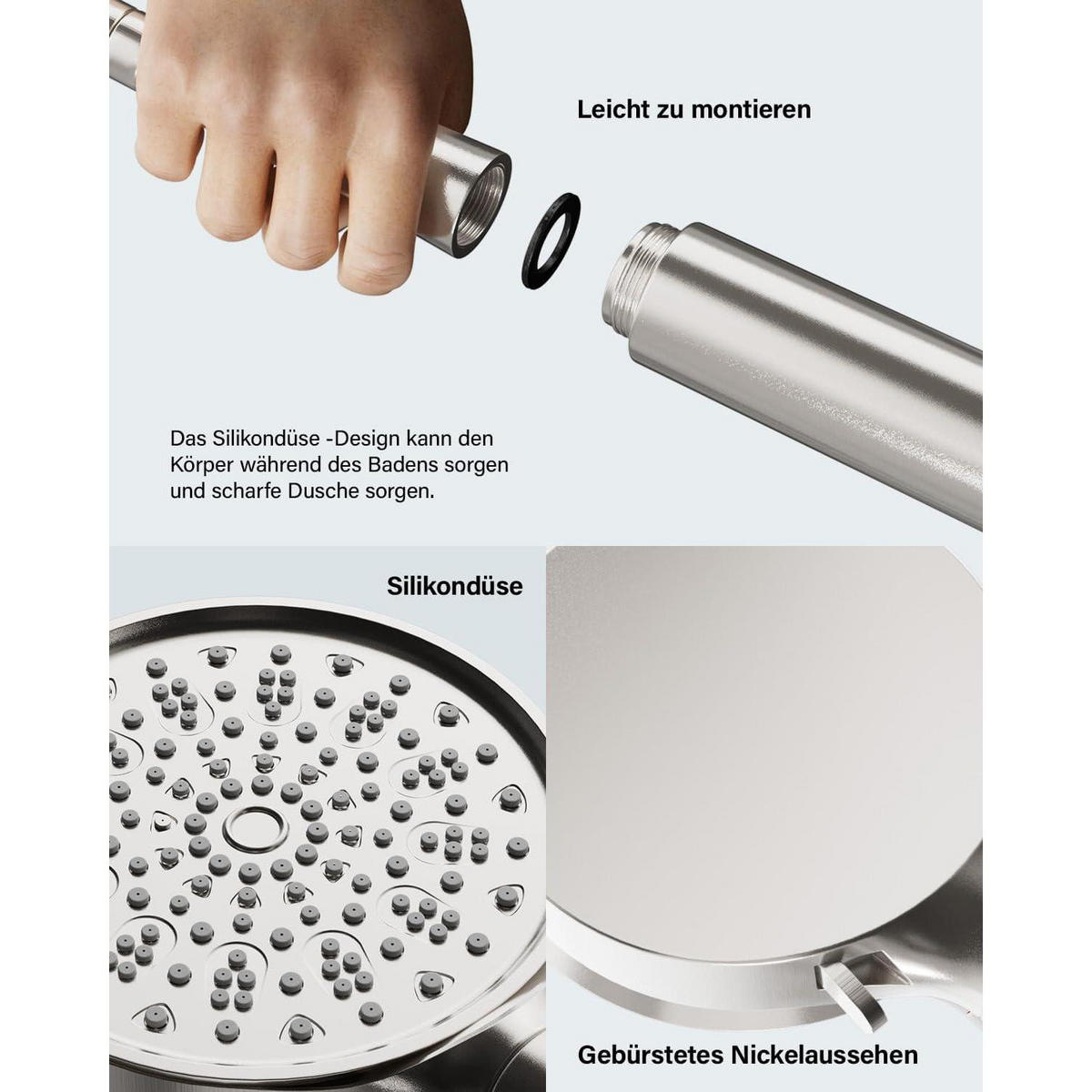 HANDBRAUSE mit Filter und Schlauch, 6 Strahlarten, Hochdruck, Wassersparend, Brushed Nickel - Silberfarben, Metall (16.5/12.7/28cm)
