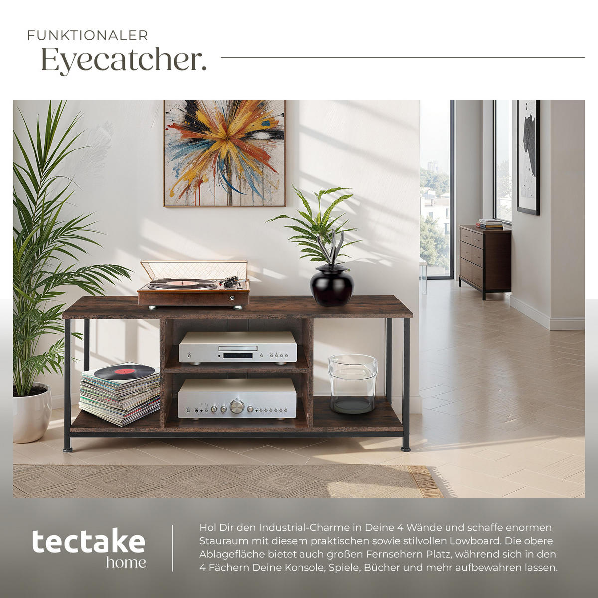 TV-REGAL Denver,120 x 40 x 50,5 cm,Industrial Holz dunkel, rustikal - Rostfarben, Holzwerkstoff (40/50.5/120cm) - tectake