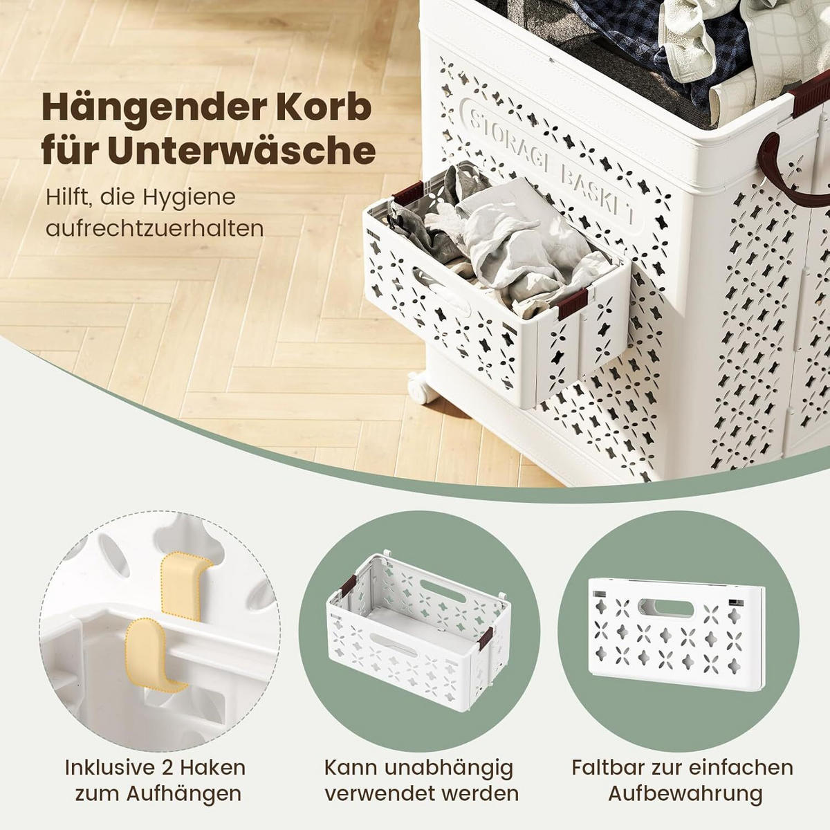 WÄSCHEBEHÄLTER mit Rädern weiß - Weiß, Kunststoff (43.5/61/34cm) - COSTWAY