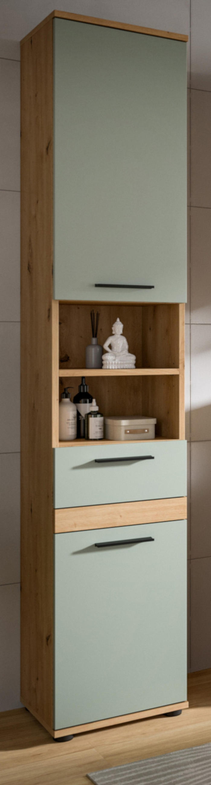HOCHSCHRANK Salbei, Artisan Eiche 35 x 191 cm, Badschrank mit vielen Fächern - Salbeigrün/Schwarz, Holzwerkstoff/Kunststoff (35/191/31cm) - Inn.Furn