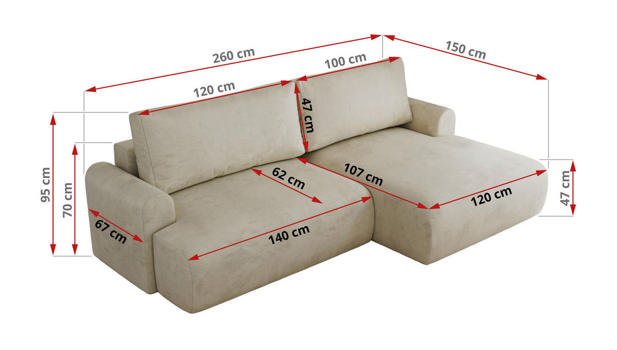 ECKSCHLAFSOFA TONO L Beige Velvet - links - Beige/Schwarz, Kunststoff/Textil (260/150cm) - MKS