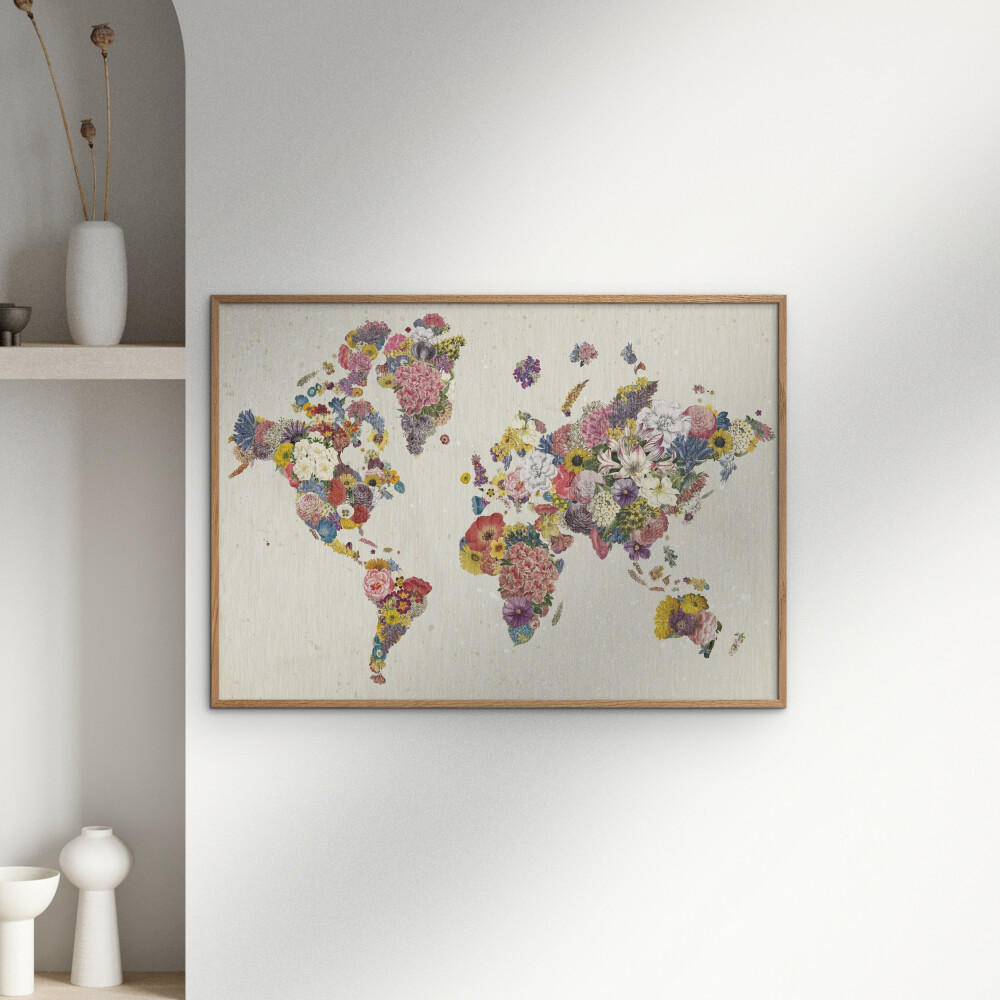 POSTER mit Rahmen Wild Apple - Botanical Floral Map Light - Eichefarben/Multicolor, Holz/Papier (70/100cm) - Poster&Frame