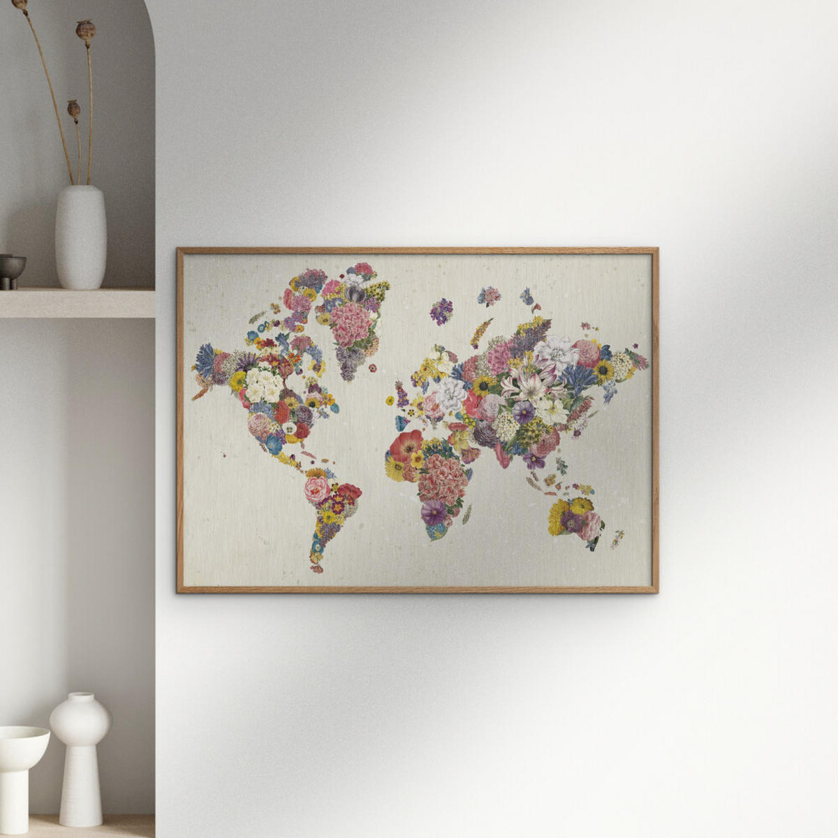 POSTER mit Rahmen Wild Apple - Botanical Floral Map Light - Eichefarben/Multicolor, Holz/Papier (70/100cm) - Poster&Frame