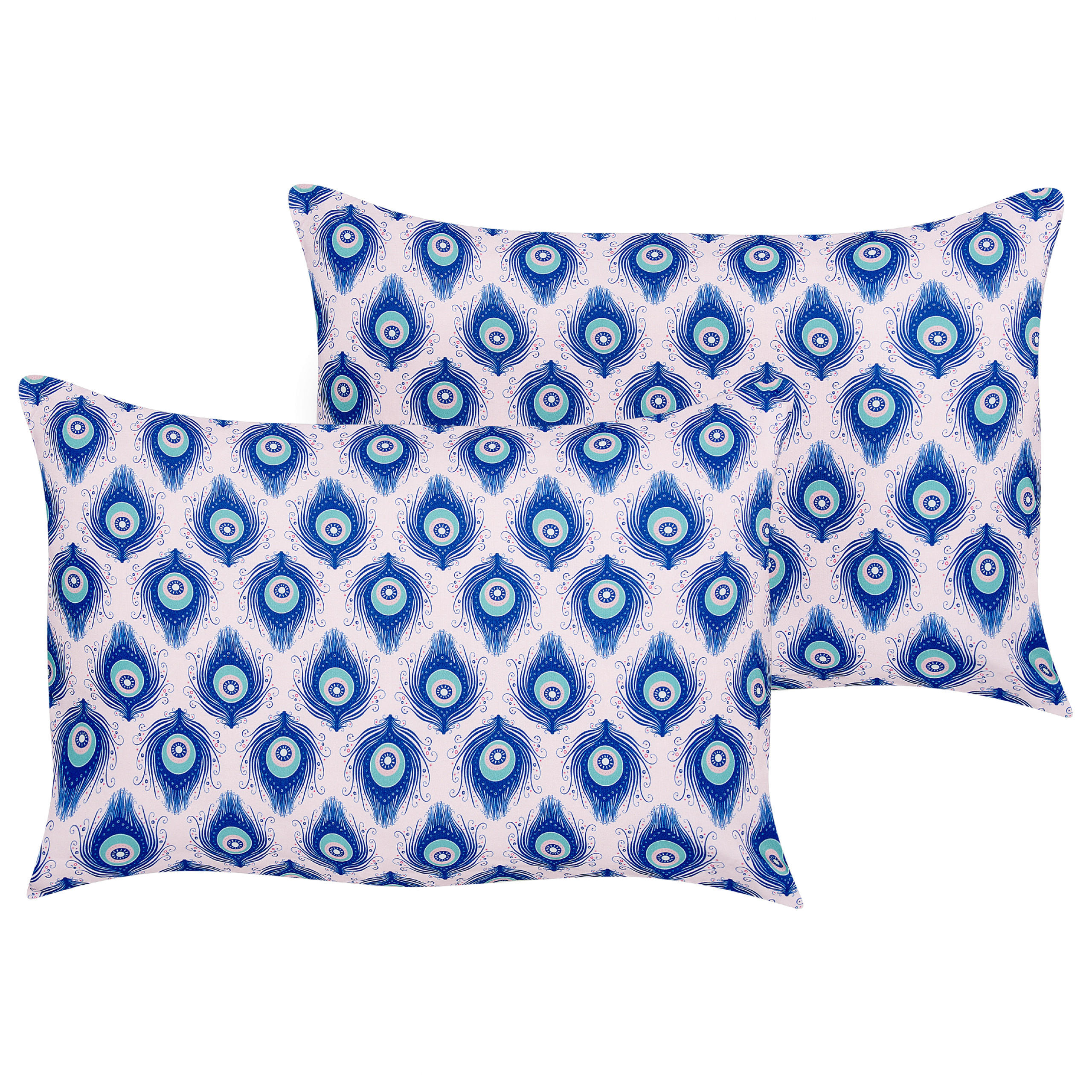 OUTDOOR-KISSEN 2er-Set Pfauenmuster blau/rosa 40/60 cm Ceriana - Blau, Textil (40/60cm) - Beliani
