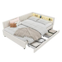 TAGESBETT 140/200 cm aus Leinen mit LED-Lichtleiste, USB-C und Schubladen Beige - Beige, Textil (140/200cm) - Modenvie