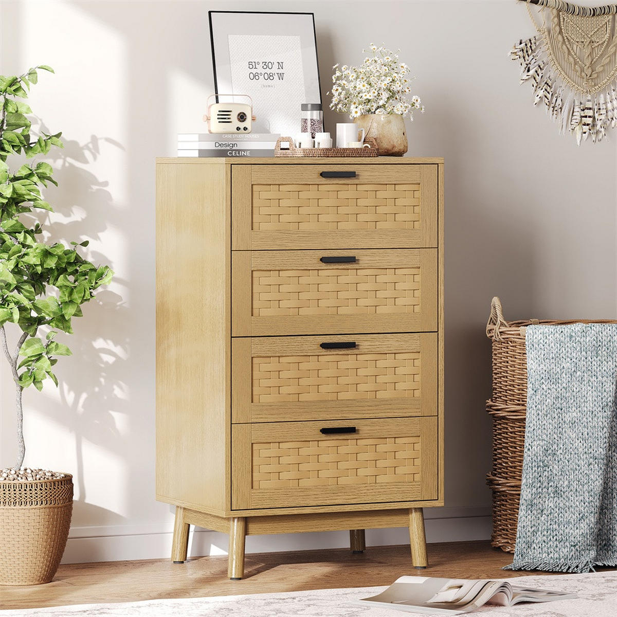 KOMMODE mit 4 Schubladen - pflegeleichtes PVC-Geflecht und Holzbeine - für Wohnzimmer&Schlafzimmer - Eiche-Optik - Eichefarben, Holzwerkstoff (39.8/95/55cm) - DELFA