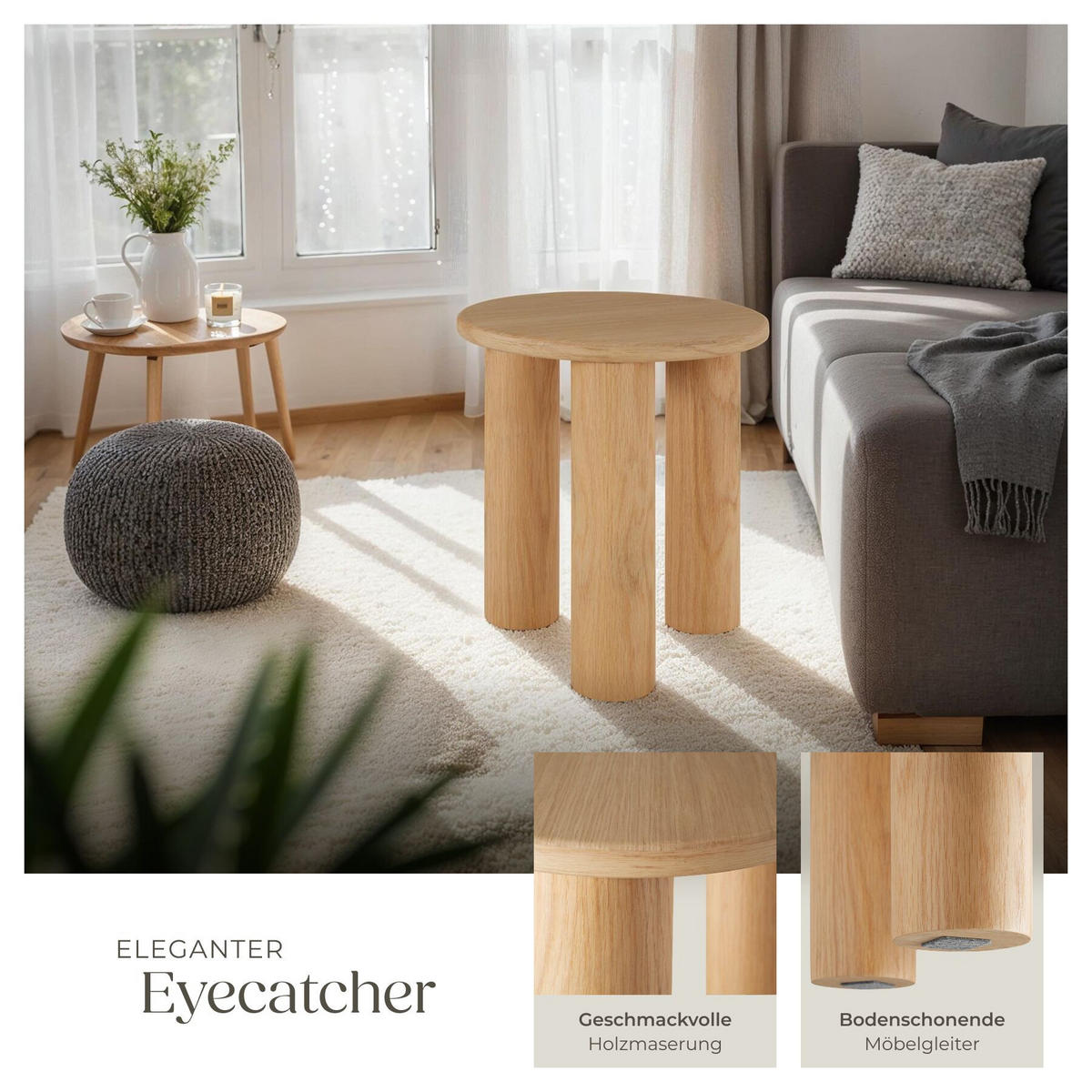 BEISTELLTISCH Sisi,bodenschonende Filzgleiter,Eiche hell - Eichefarben, Holz (40/40/45.5cm) - tectake