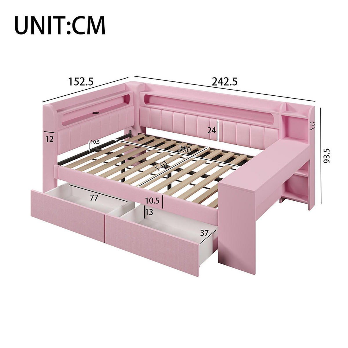 POLSTERBETT 140x200 cm mit Schreibtisch und 2 Schubladen, Rosa - Pink, Metall (140/200cm) - KOMHTOM