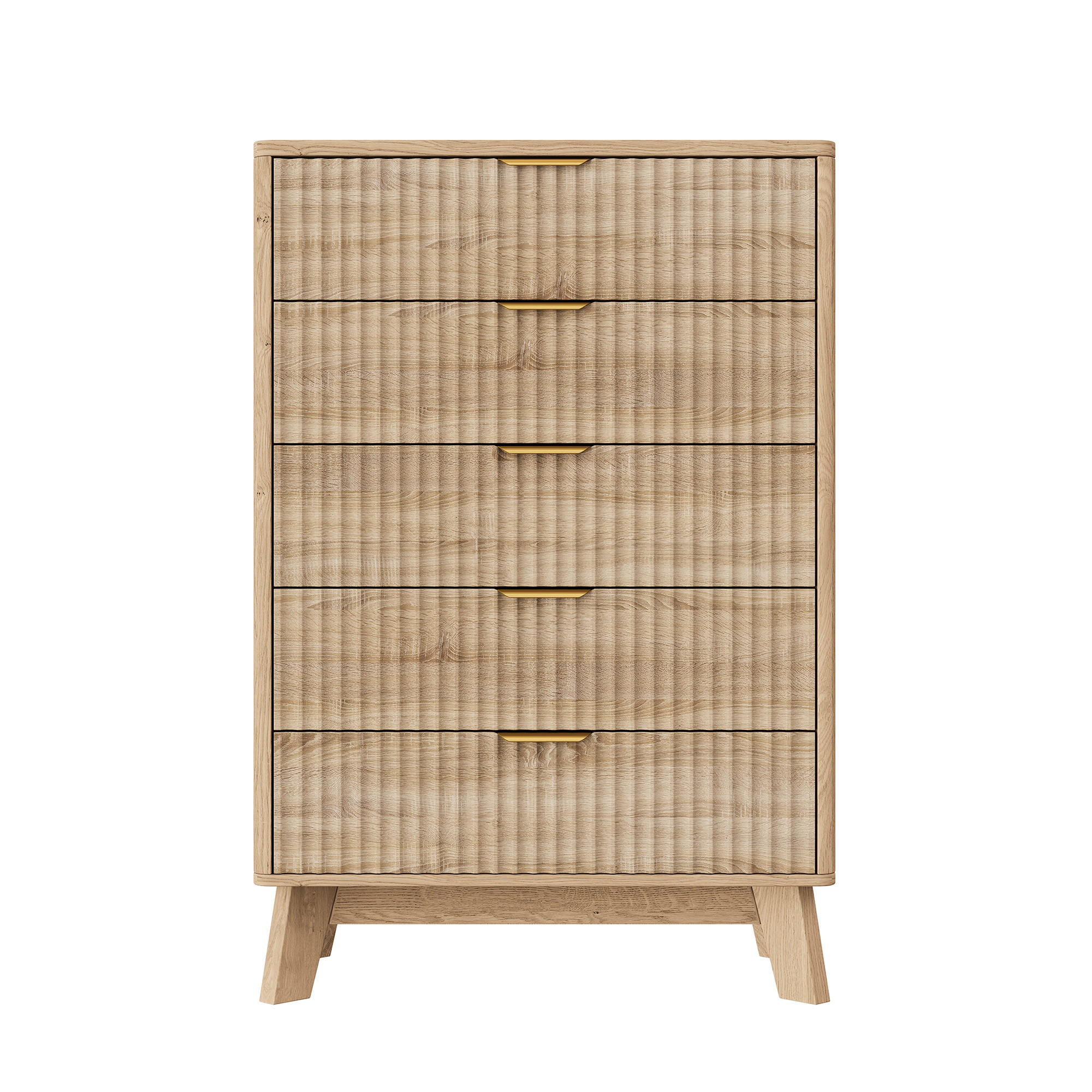 BYRÅ med 5 lådor, trälook, räfflad struktur, guldfärgade handtag Ekfärgad 108/40/73 cm