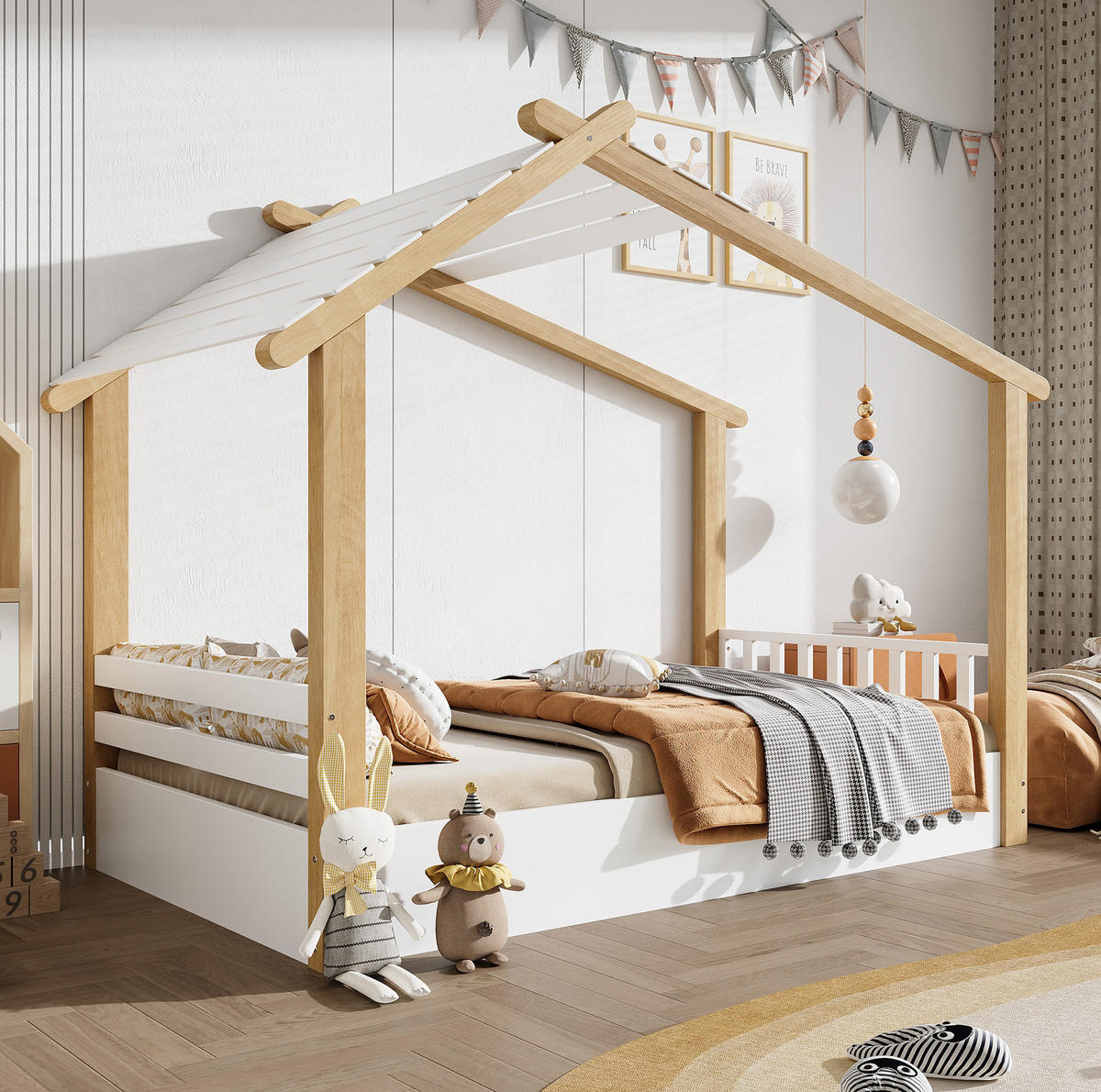 HAUSBETT aus Kiefer, Spanplatte und MDF 90x200 cm Weiß/Natur mit Lattenrost im Holzhausdesign - Weiß, Holzwerkstoff (90/200cm) - Modfu