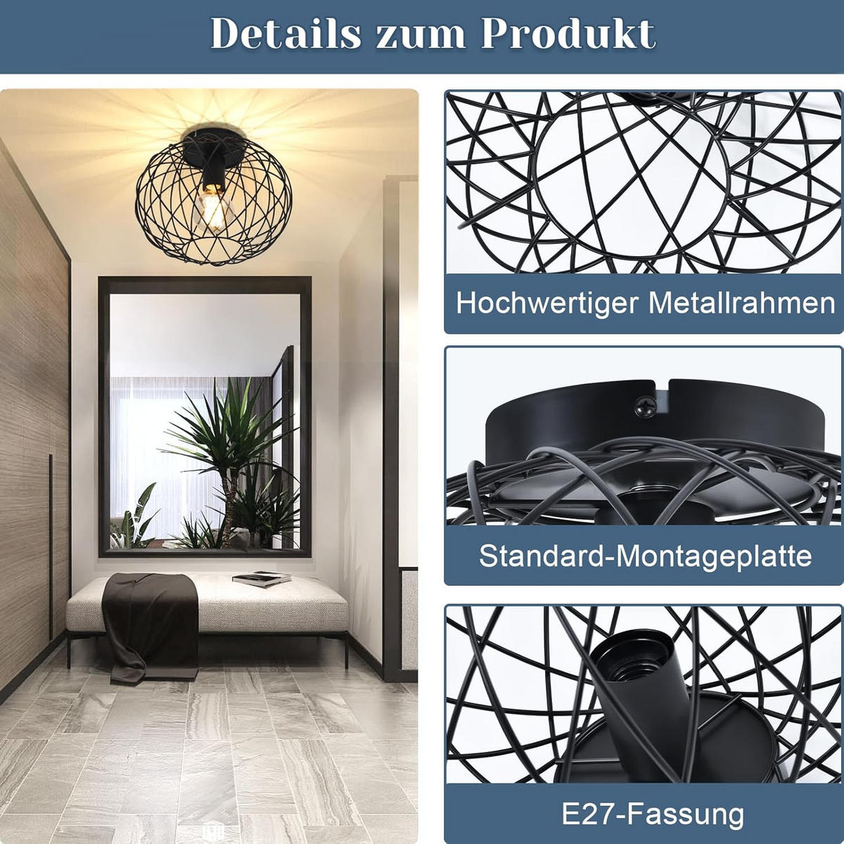 DECKENLEUCHTE Liorh 30/23/30 cm - Schwarz, Metall (30/30/23cm) - ZMH