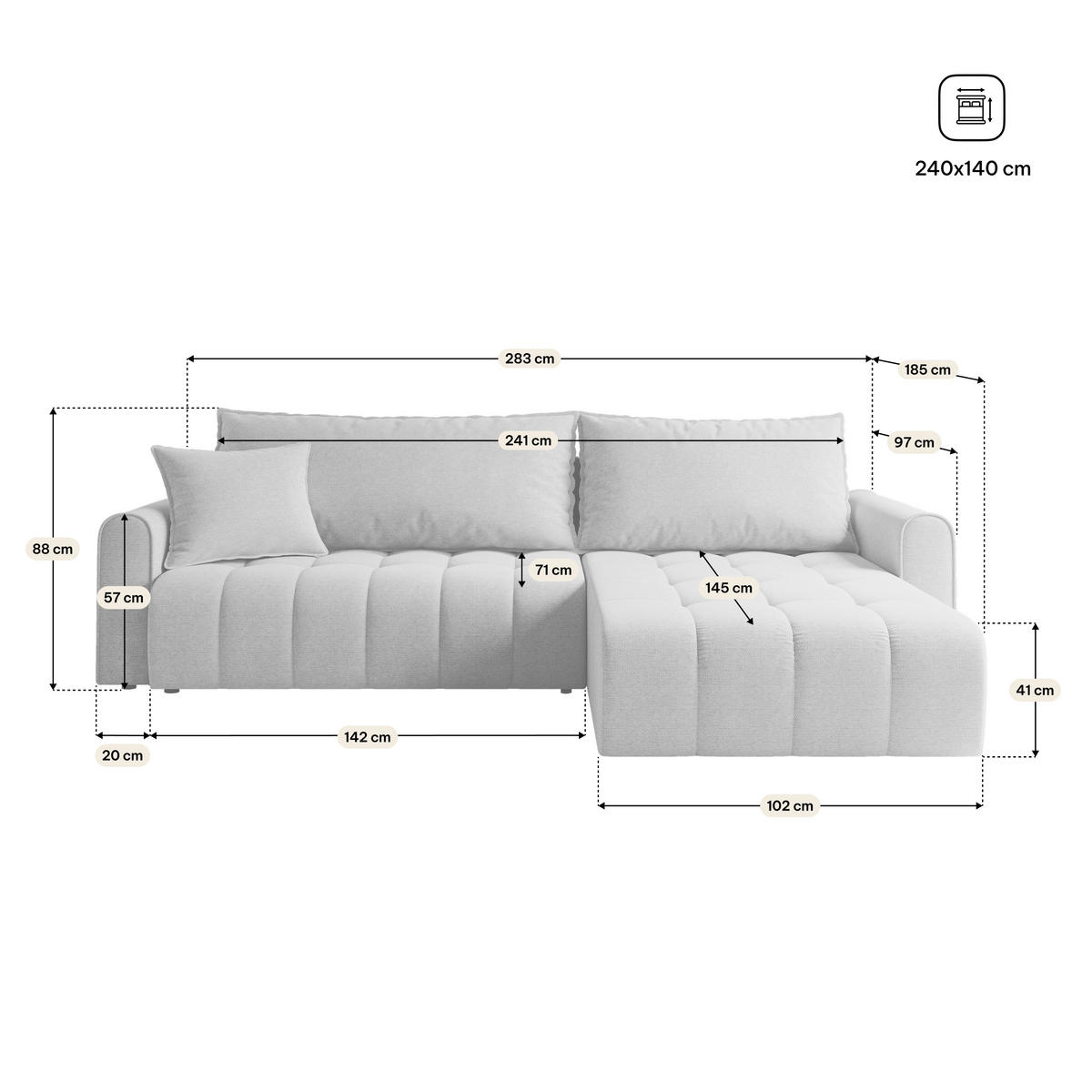 ECKSOFA FRIGA Creme Strukturstoff mit Schlaffunktion - Creme, Holz (283/185cm) - MASSENO